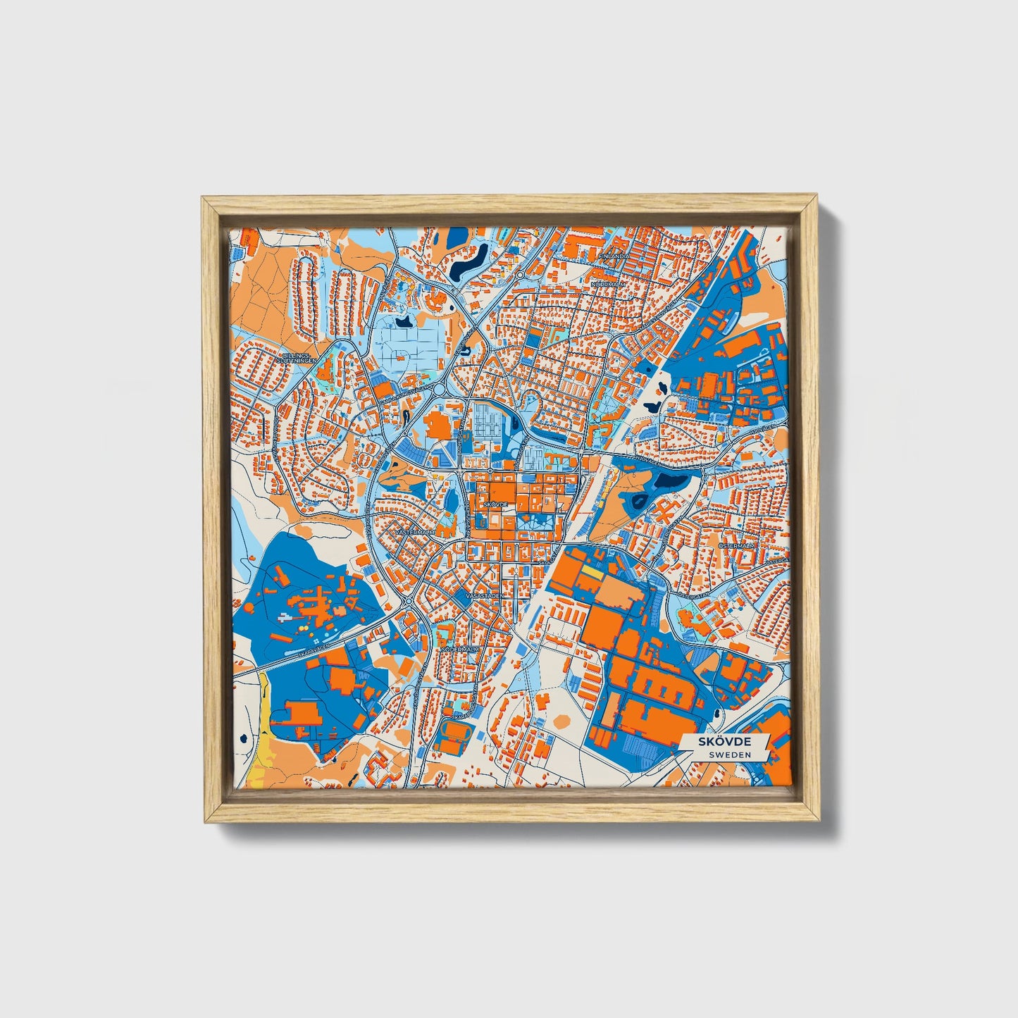 Skövde Sweden Colorful City Map Canvas Print • Natural Wooden Framed
