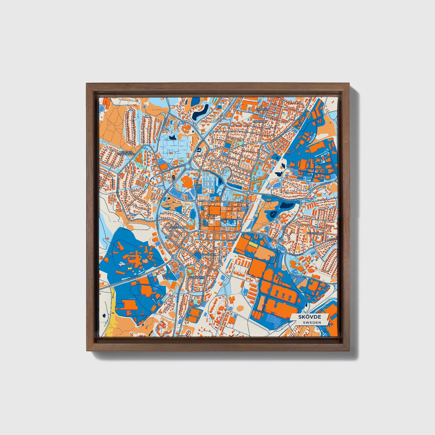 Skövde Sweden Colorful City Map Canvas Print • Dark Wooden Framed