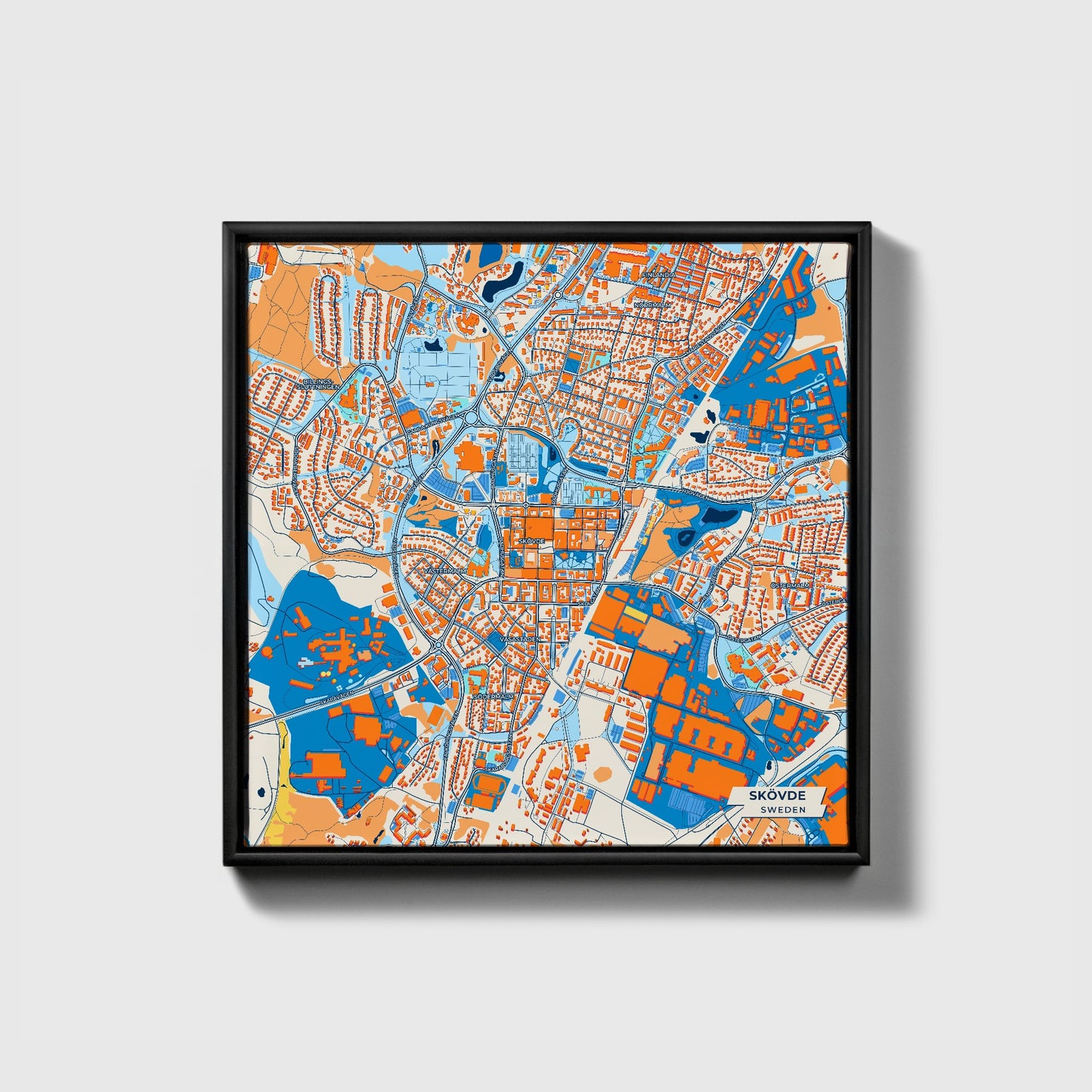 Skövde Sweden Colorful City Map Canvas Print • Black Framed