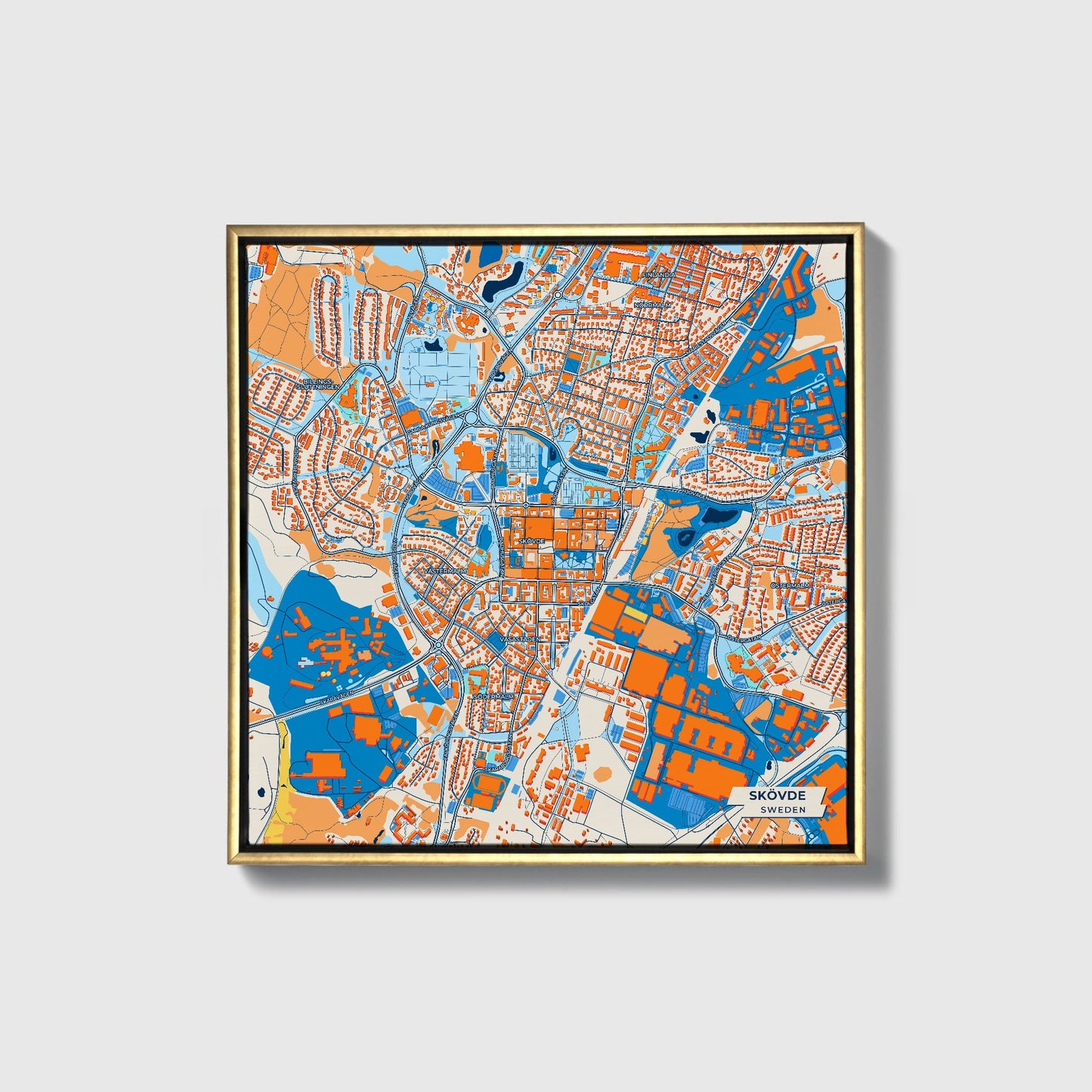 Skövde Sweden Colorful City Map Canvas Print • Gold Framed