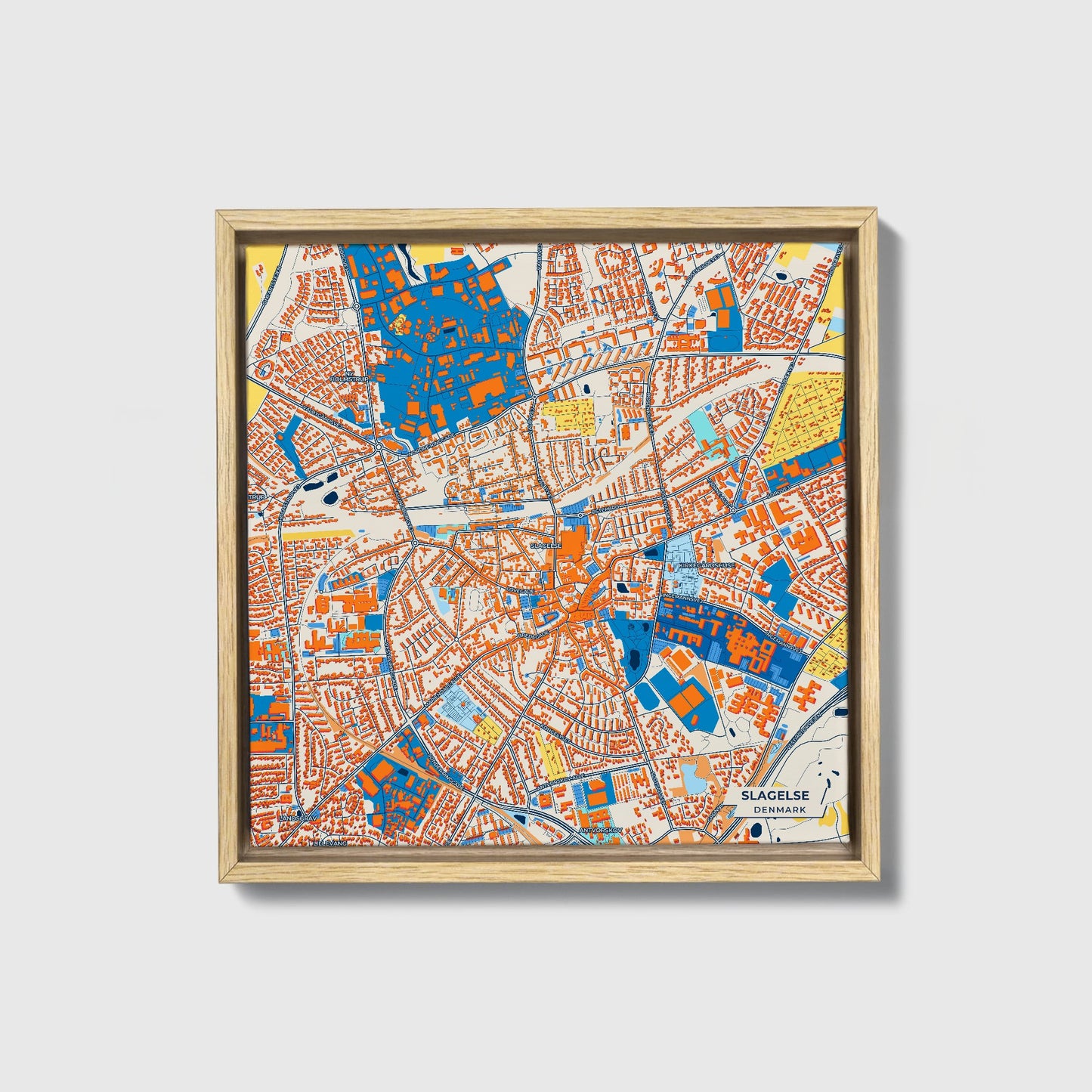 Slagelse Denmark Colorful City Map Canvas Print • Natural Wooden Framed