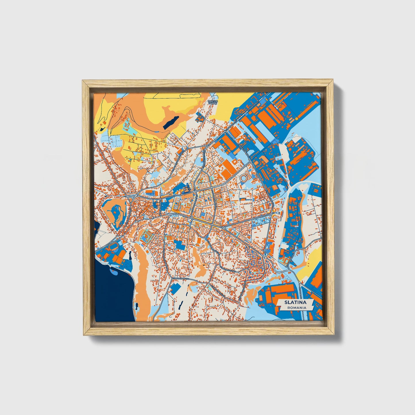 Slatina Romania Colorful City Map Canvas Print • Natural Wooden Framed