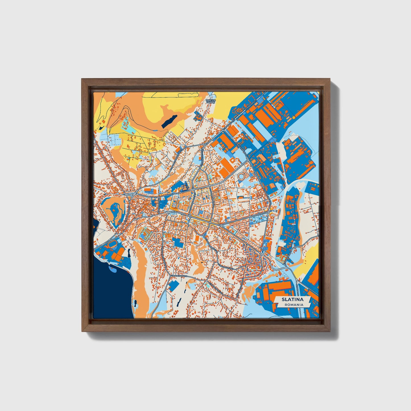 Slatina Romania Colorful City Map Canvas Print • Dark Wooden Framed