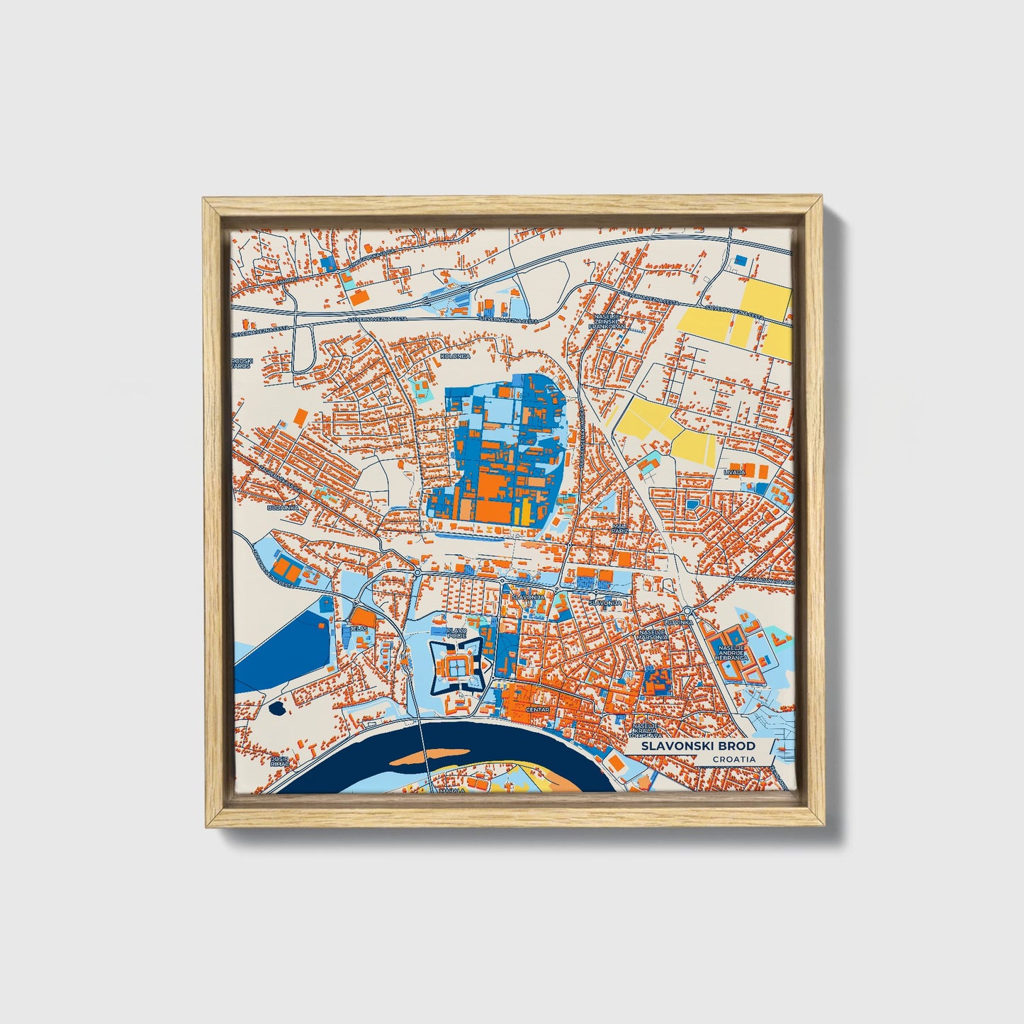 Slavonski Brod Croatia Colorful City Map Canvas Print • Natural Wooden Framed