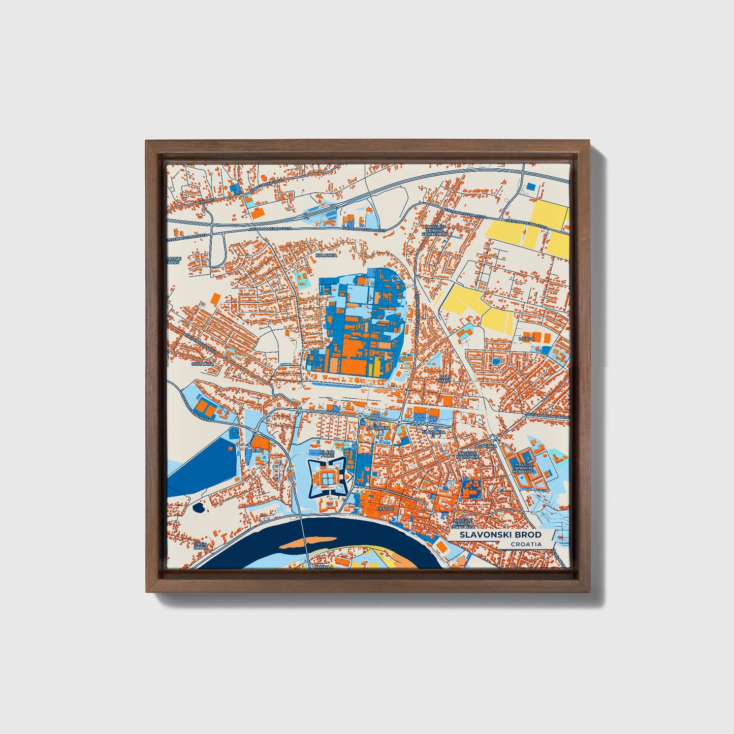 Slavonski Brod Croatia Colorful City Map Canvas Print • Dark Wooden Framed