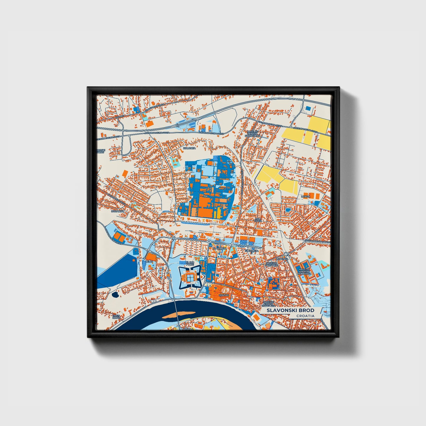 Slavonski Brod Croatia Colorful City Map Canvas Print • Black Framed