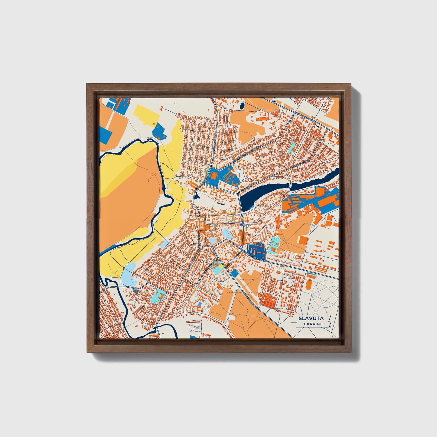 Славута Ukraine Colorful City Map Canvas Print • Dark Wooden Framed