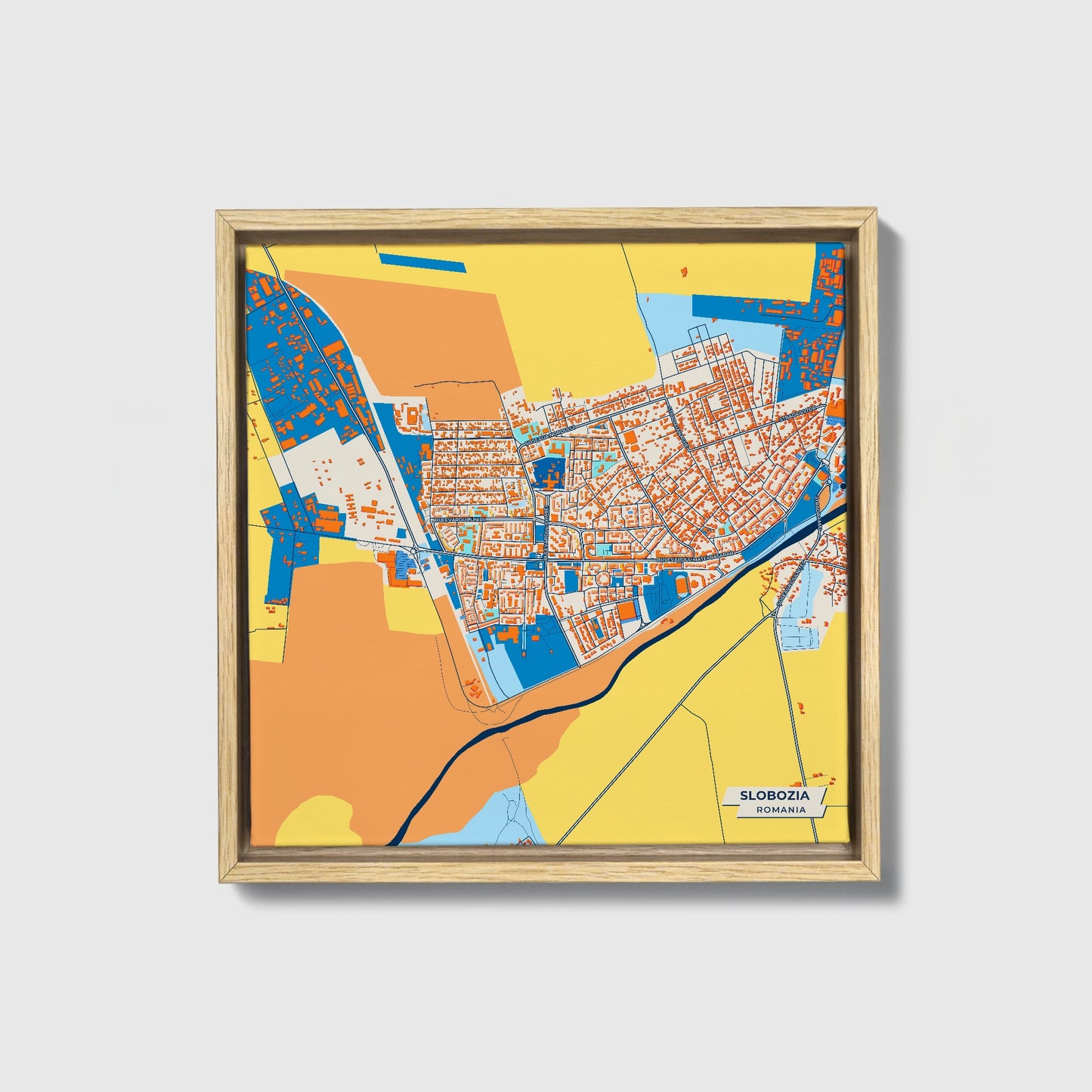 Slobozia Romania Colorful City Map Canvas Print • Natural Wooden Framed