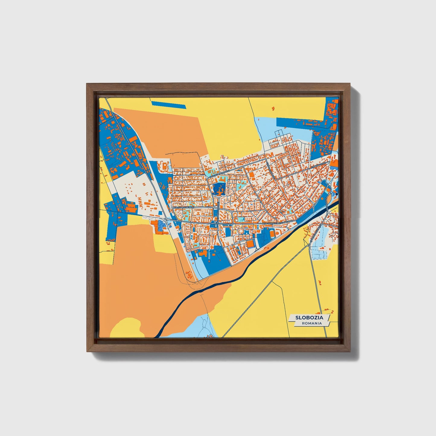 Slobozia Romania Colorful City Map Canvas Print • Dark Wooden Framed