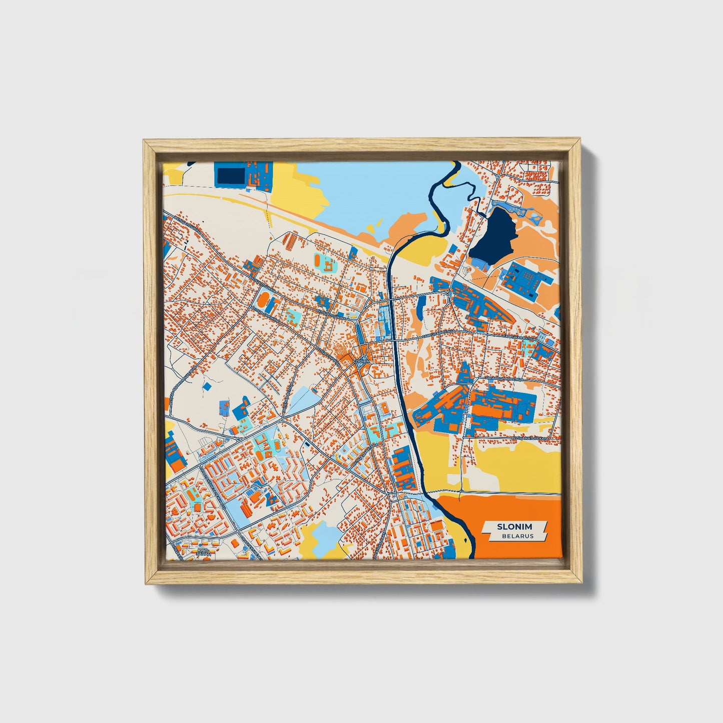 Slonim Belarus Colorful City Map Canvas Print • Natural Wooden Framed