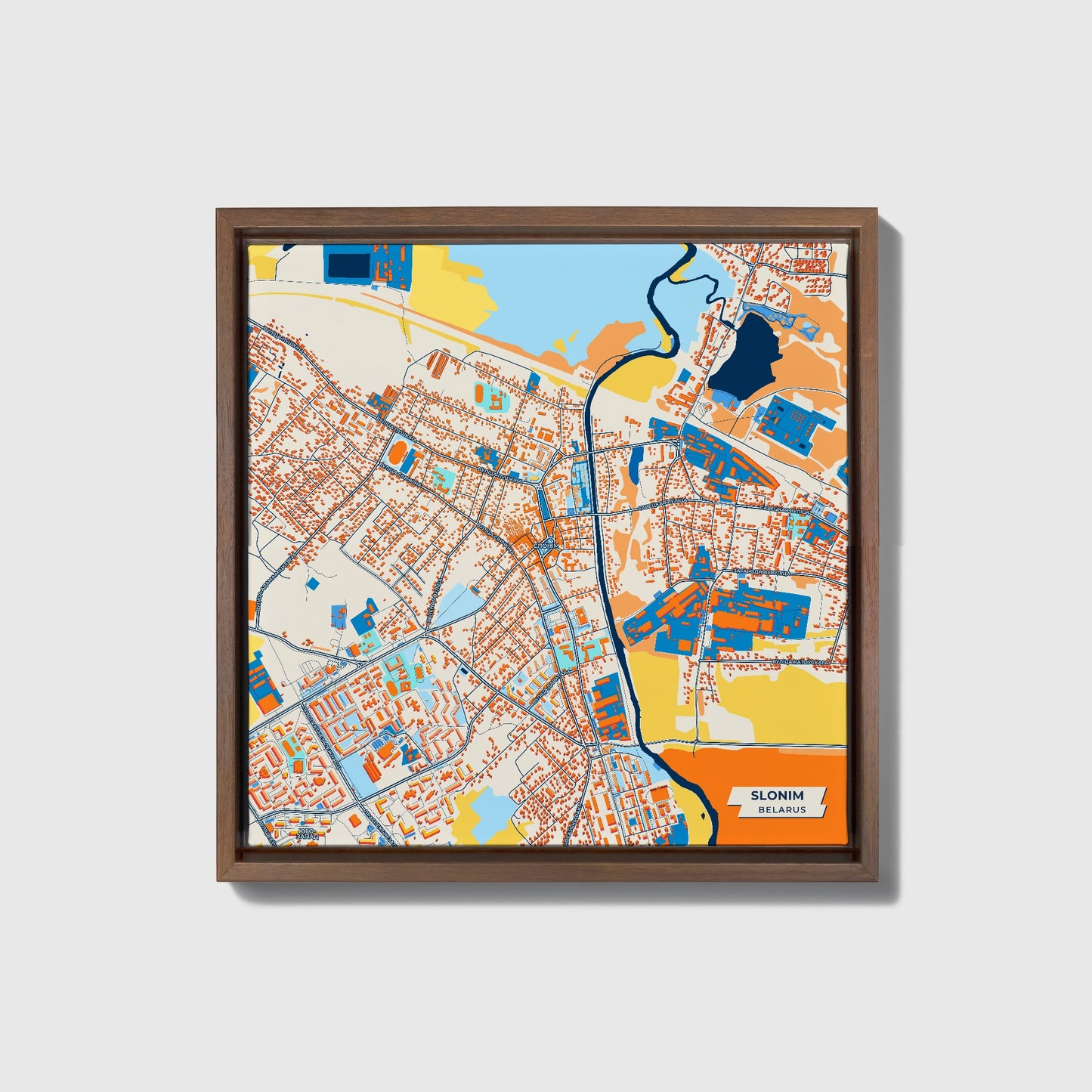 Slonim Belarus Colorful City Map Canvas Print • Dark Wooden Framed