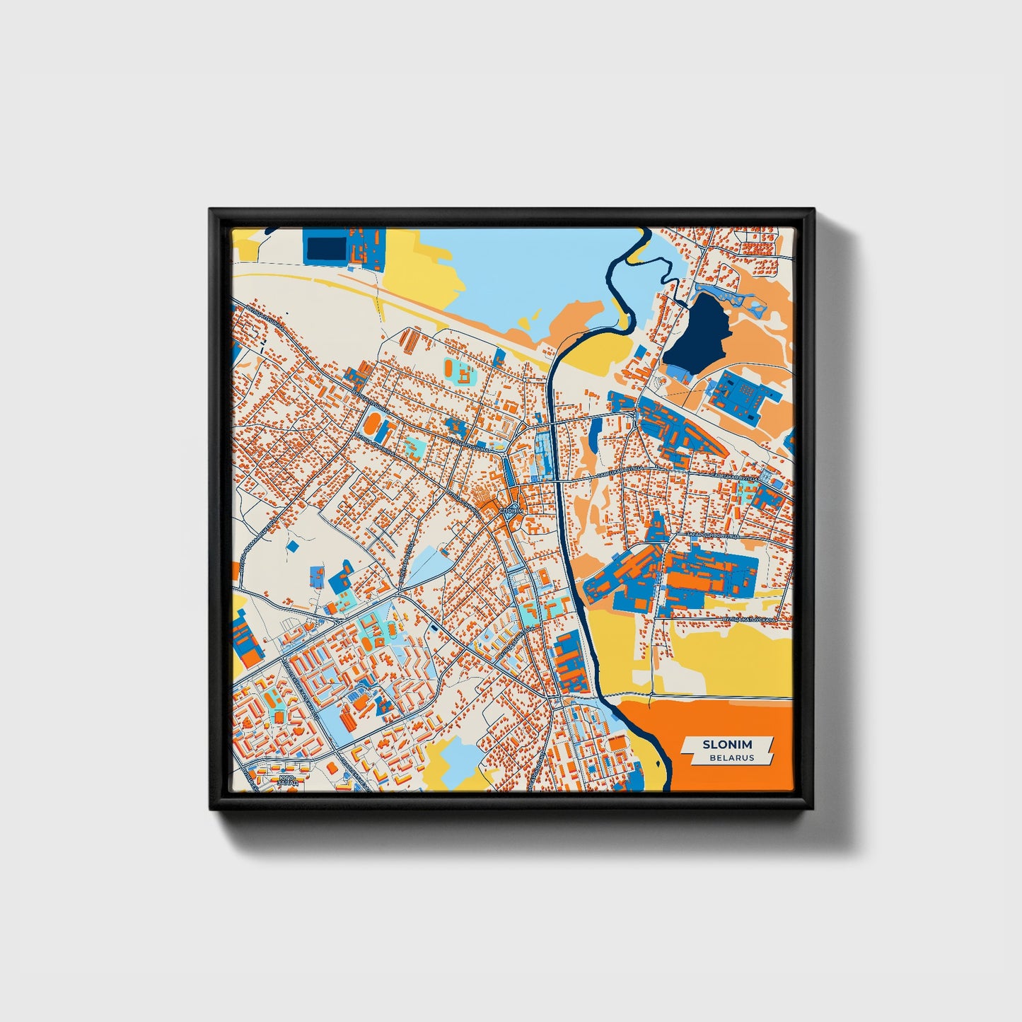 Slonim Belarus Colorful City Map Canvas Print • Black Framed
