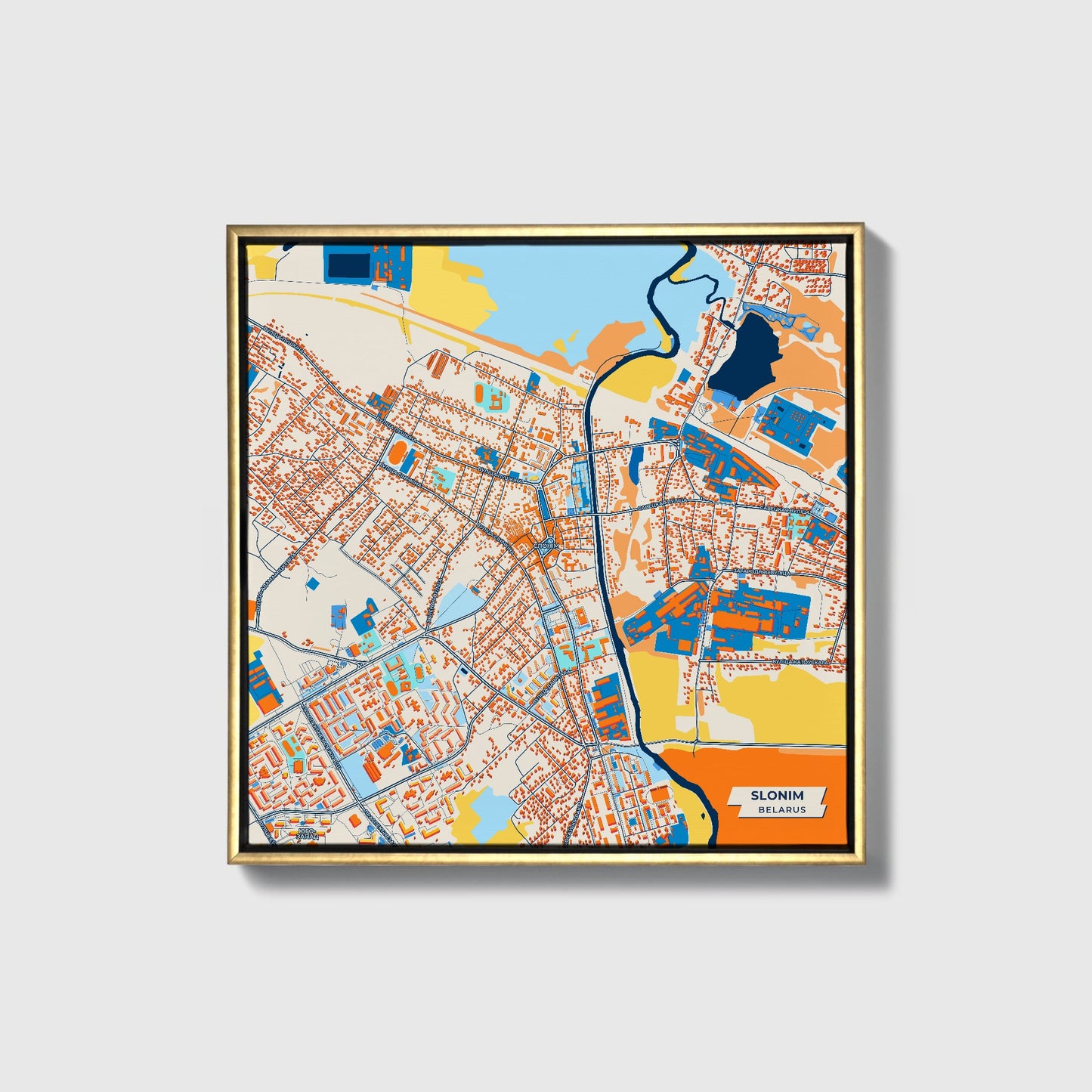 Slonim Belarus Colorful City Map Canvas Print • Gold Framed