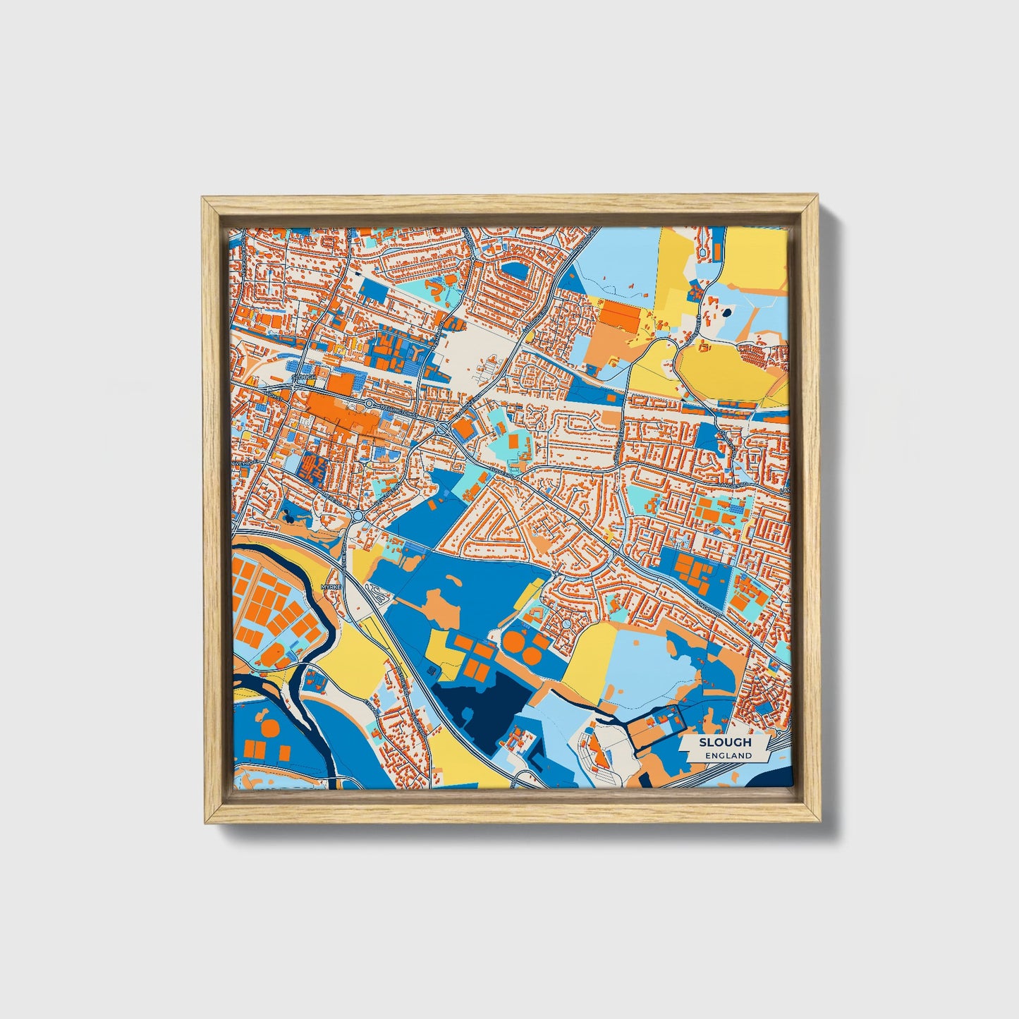 Slough England Colorful City Map Canvas Print • Natural Wooden Framed