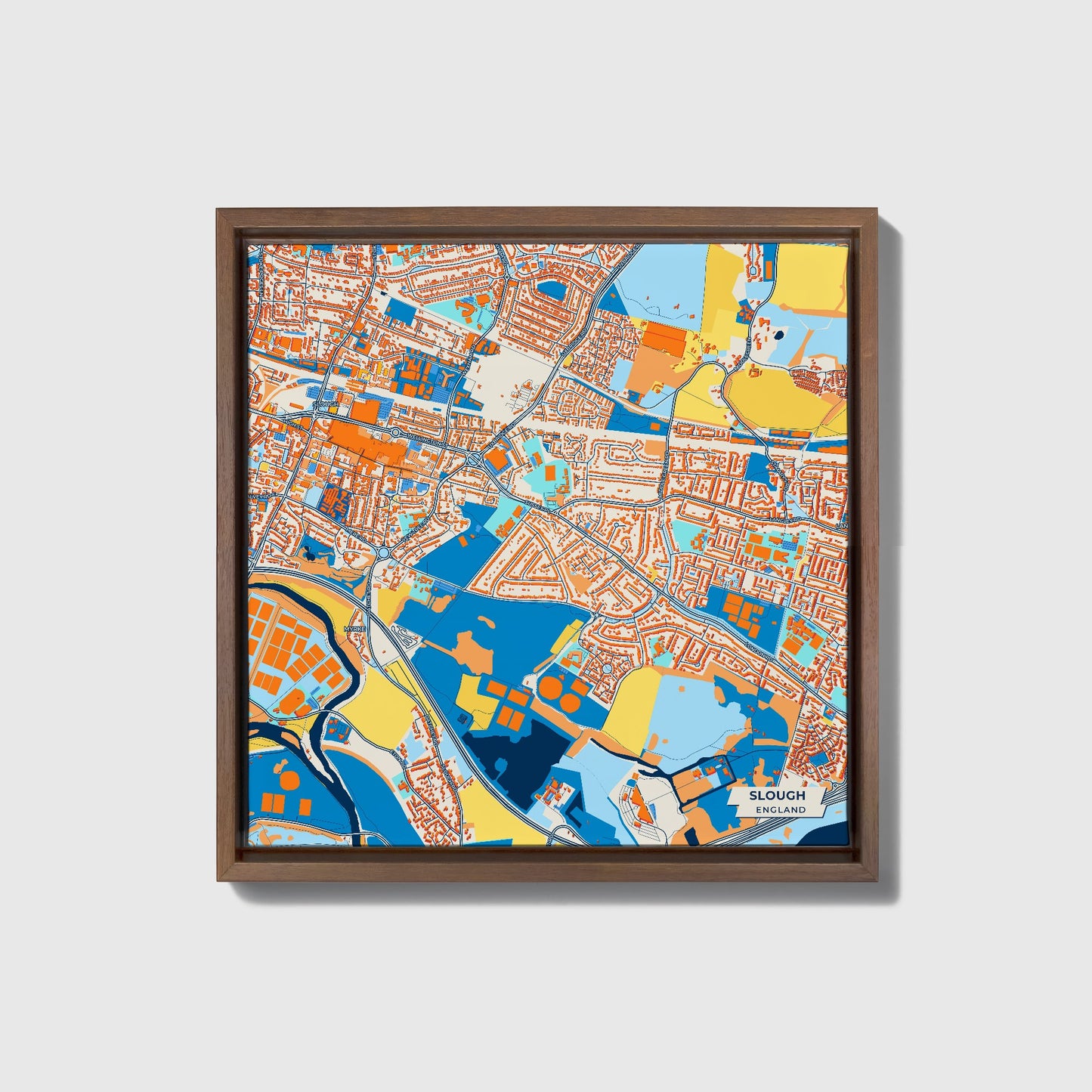 Slough England Colorful City Map Canvas Print • Dark Wooden Framed