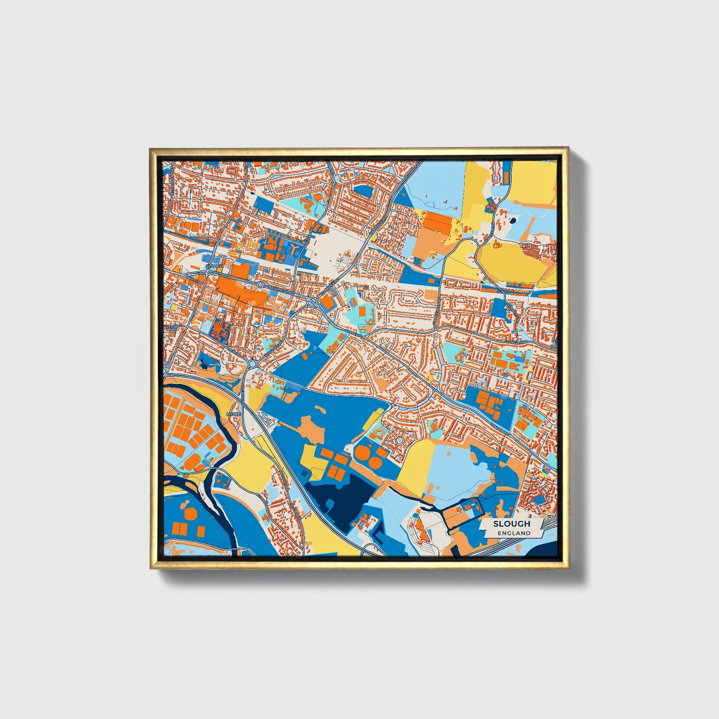 Slough England Colorful City Map Canvas Print • Gold Framed