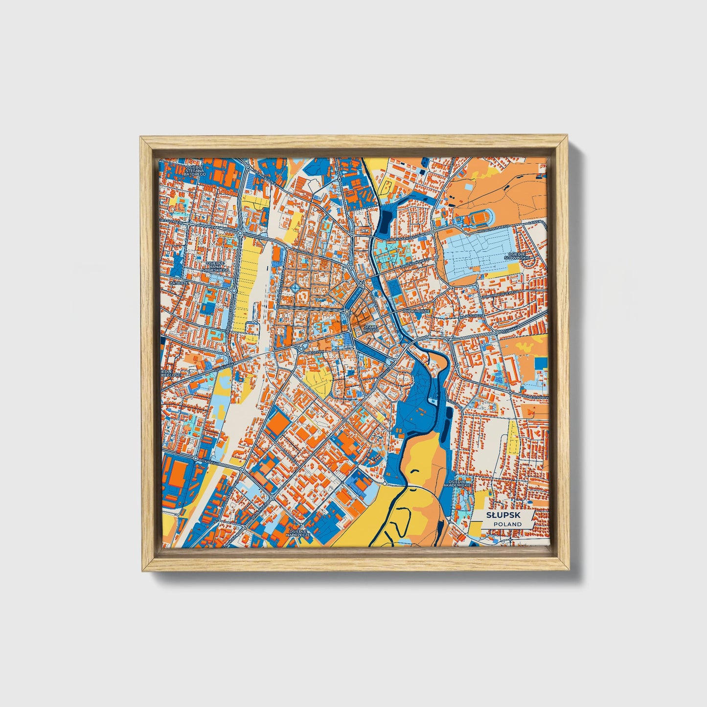 Słupsk Poland Colorful City Map Canvas Print • Natural Wooden Framed