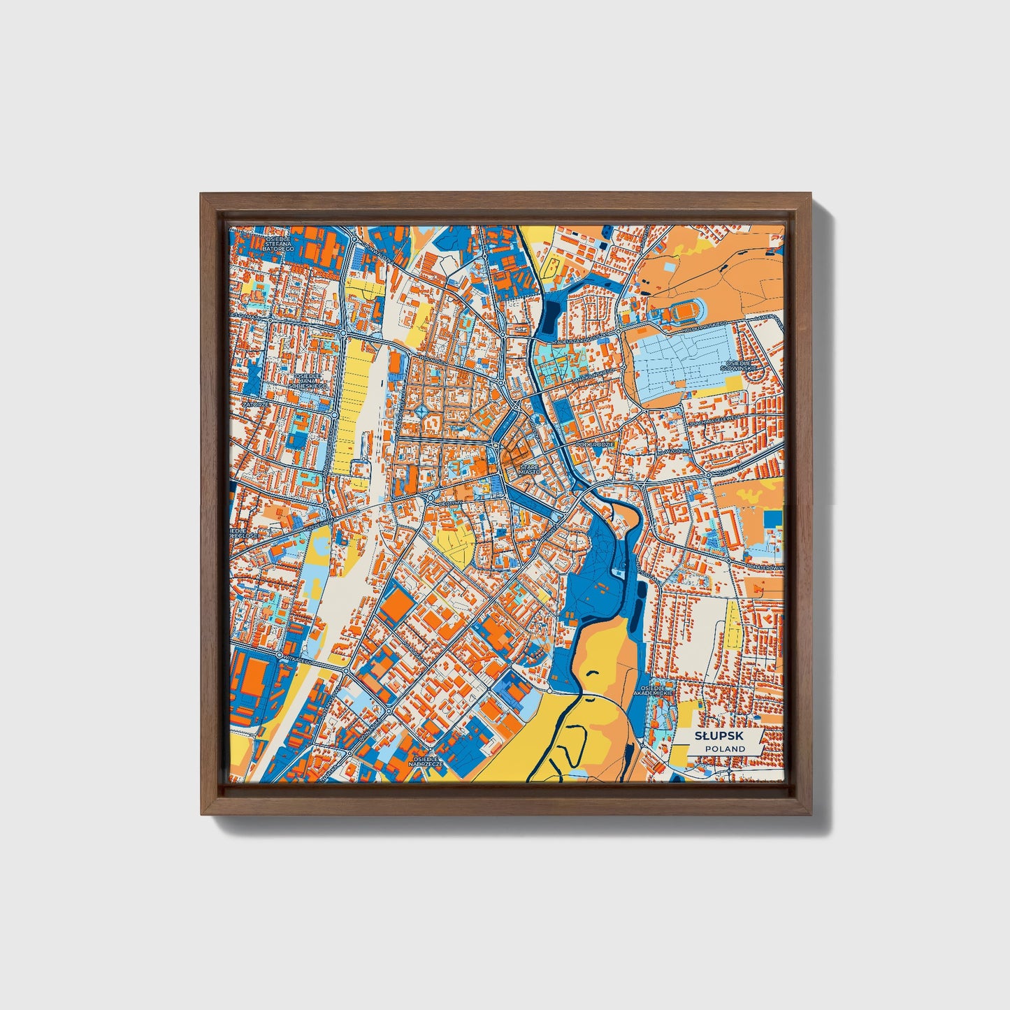 Słupsk Poland Colorful City Map Canvas Print • Dark Wooden Framed