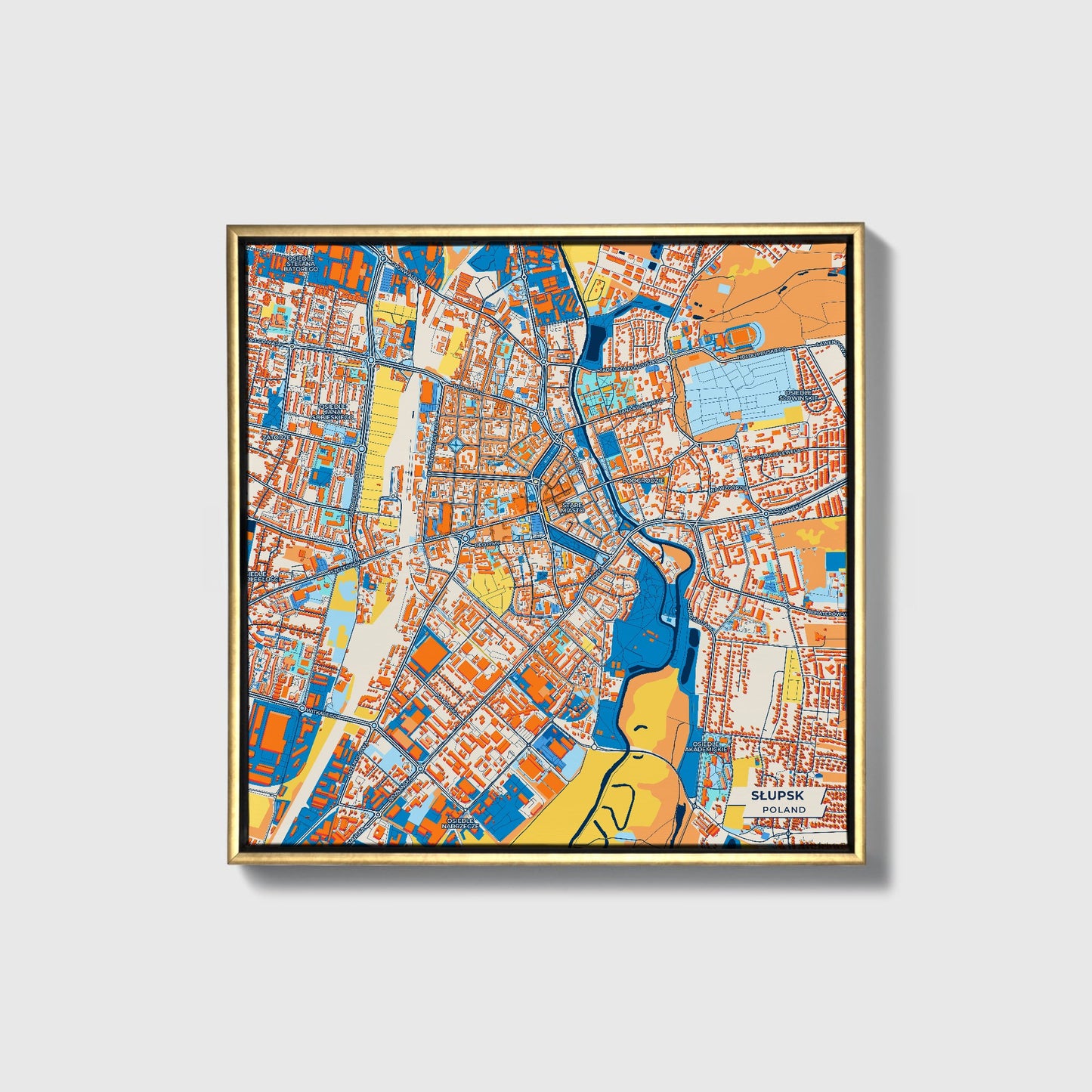 Słupsk Poland Colorful City Map Canvas Print • Gold Framed