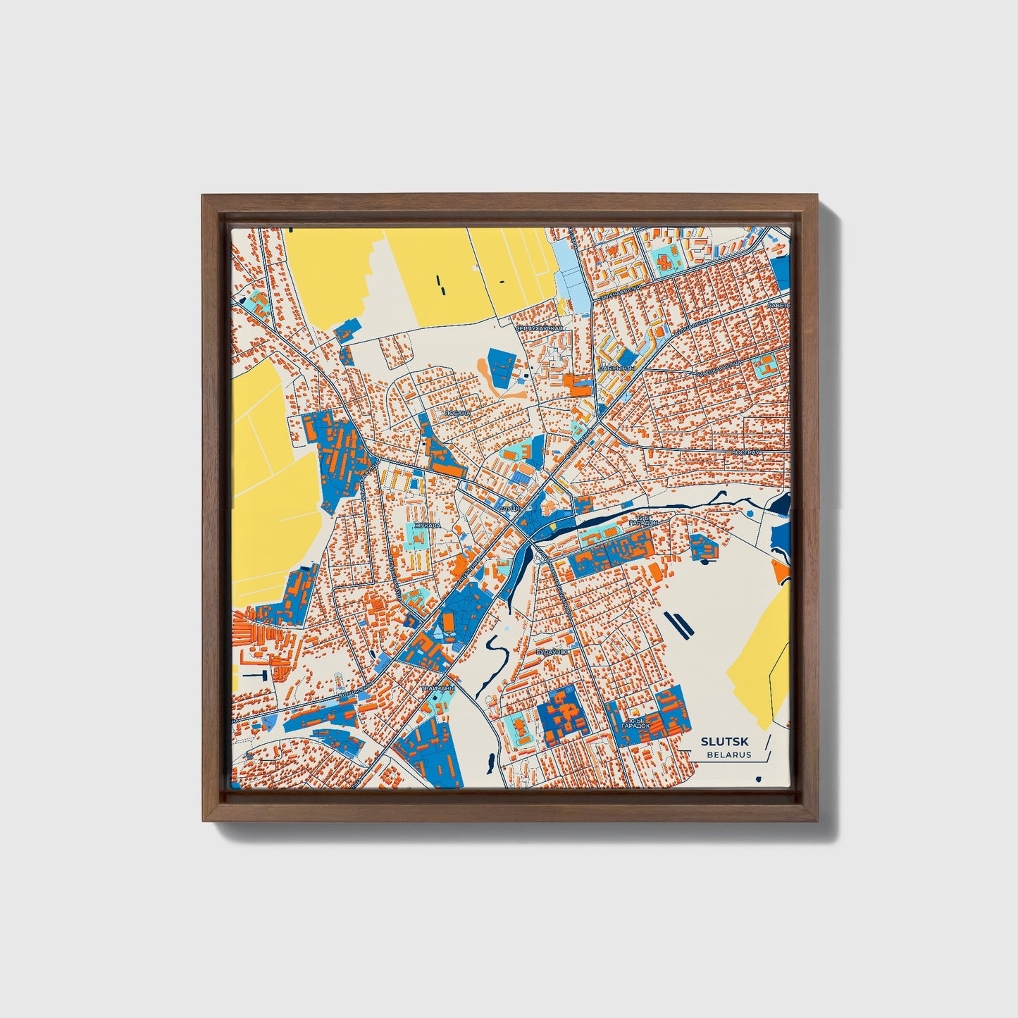 Слуцк Belarus Colorful City Map Canvas Print • Dark Wooden Framed