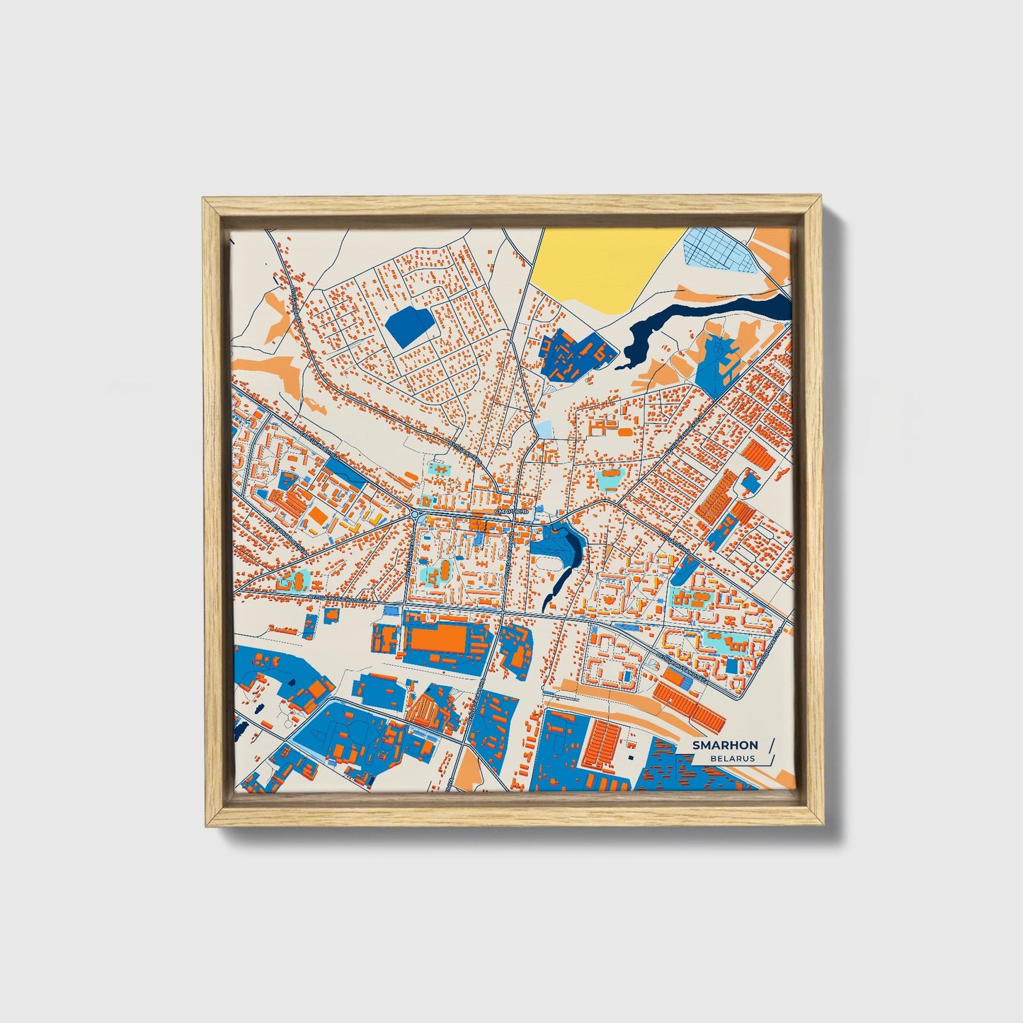 Smarhon Belarus Colorful City Map Canvas Print • Natural Wooden Framed
