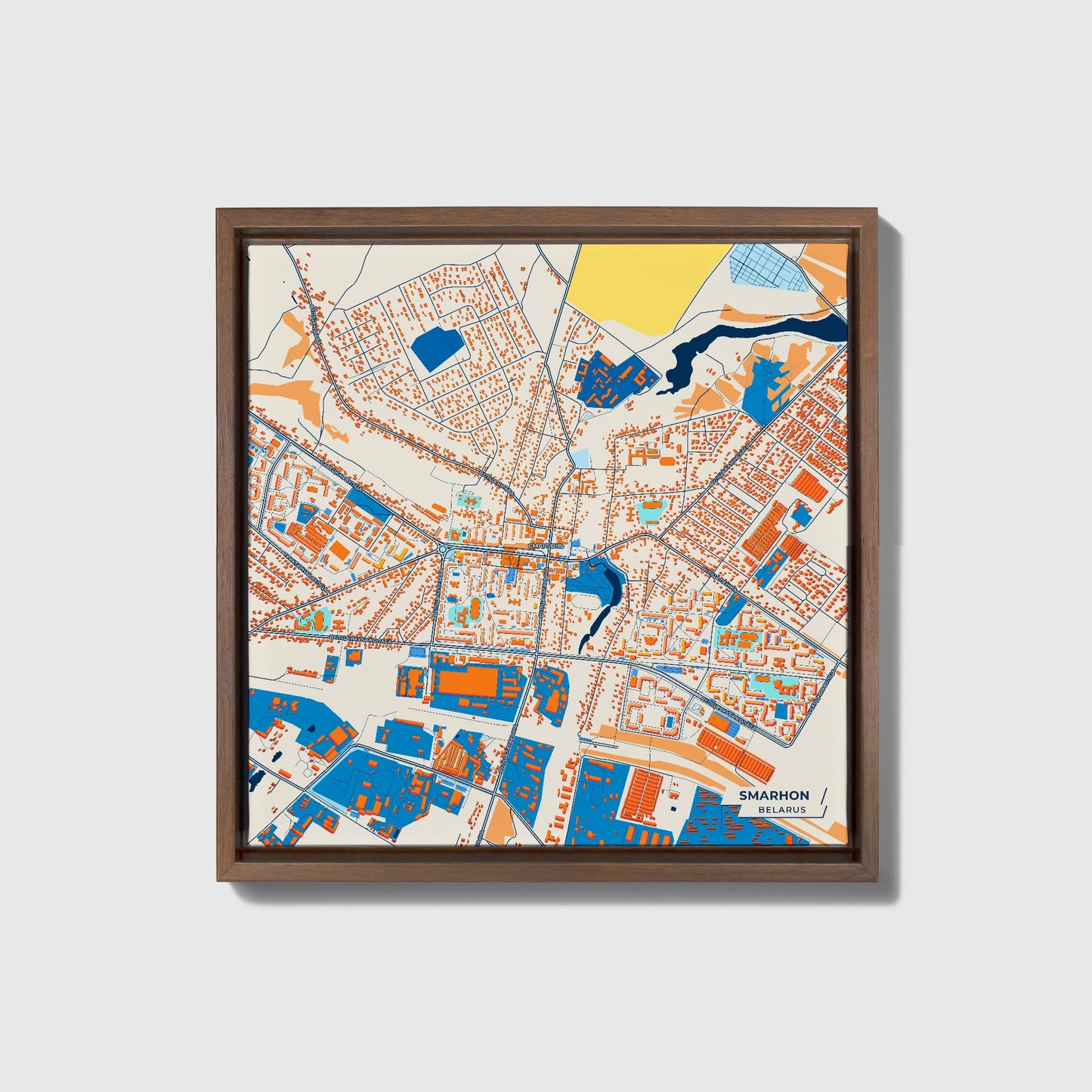Smarhon Belarus Colorful City Map Canvas Print • Dark Wooden Framed