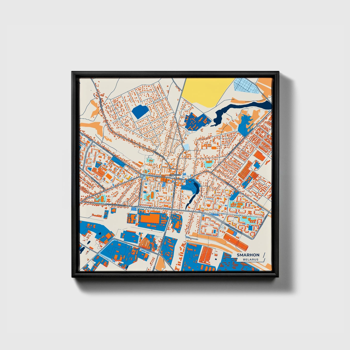 Smarhon Belarus Colorful City Map Canvas Print • Black Framed