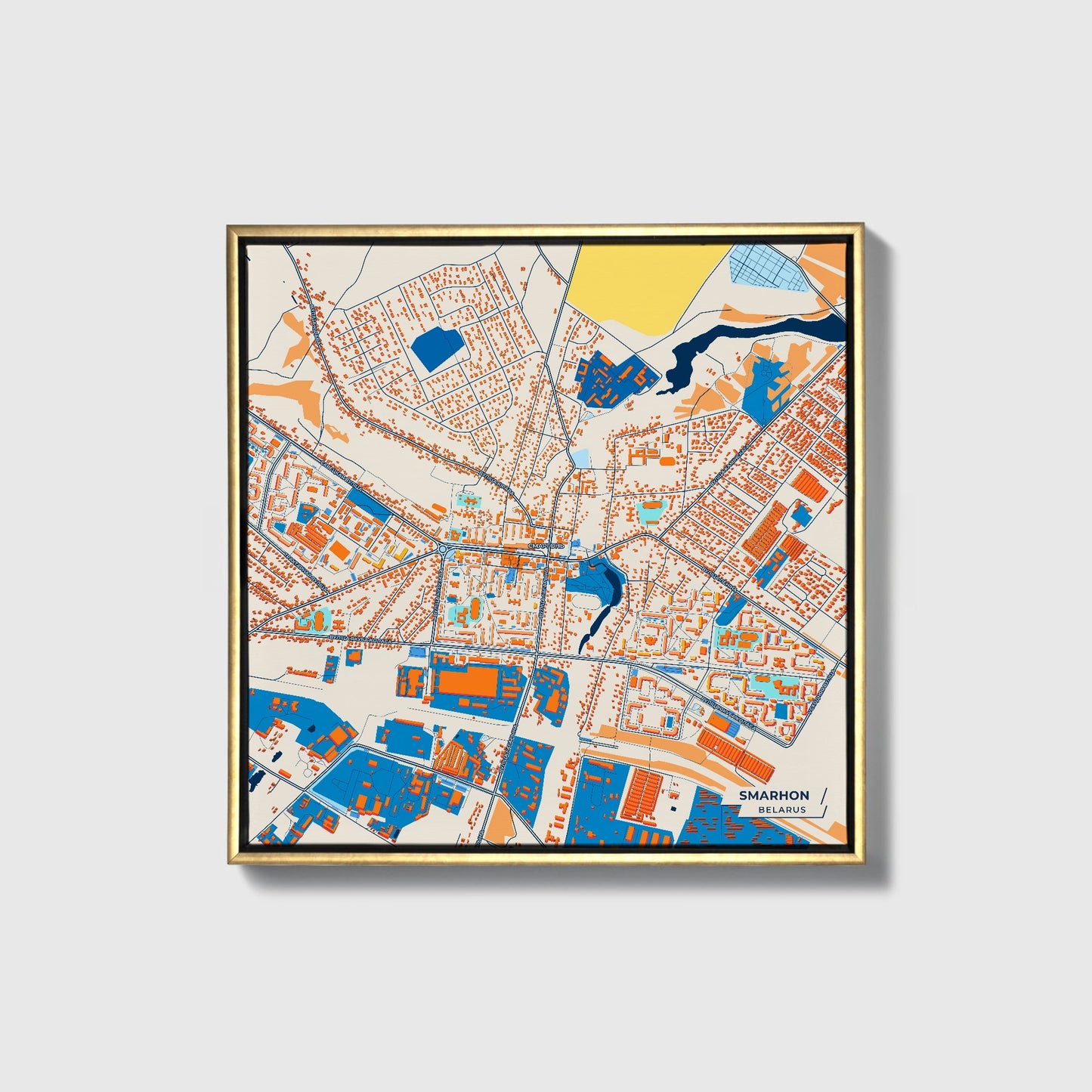 Smarhon Belarus Colorful City Map Canvas Print • Gold Framed