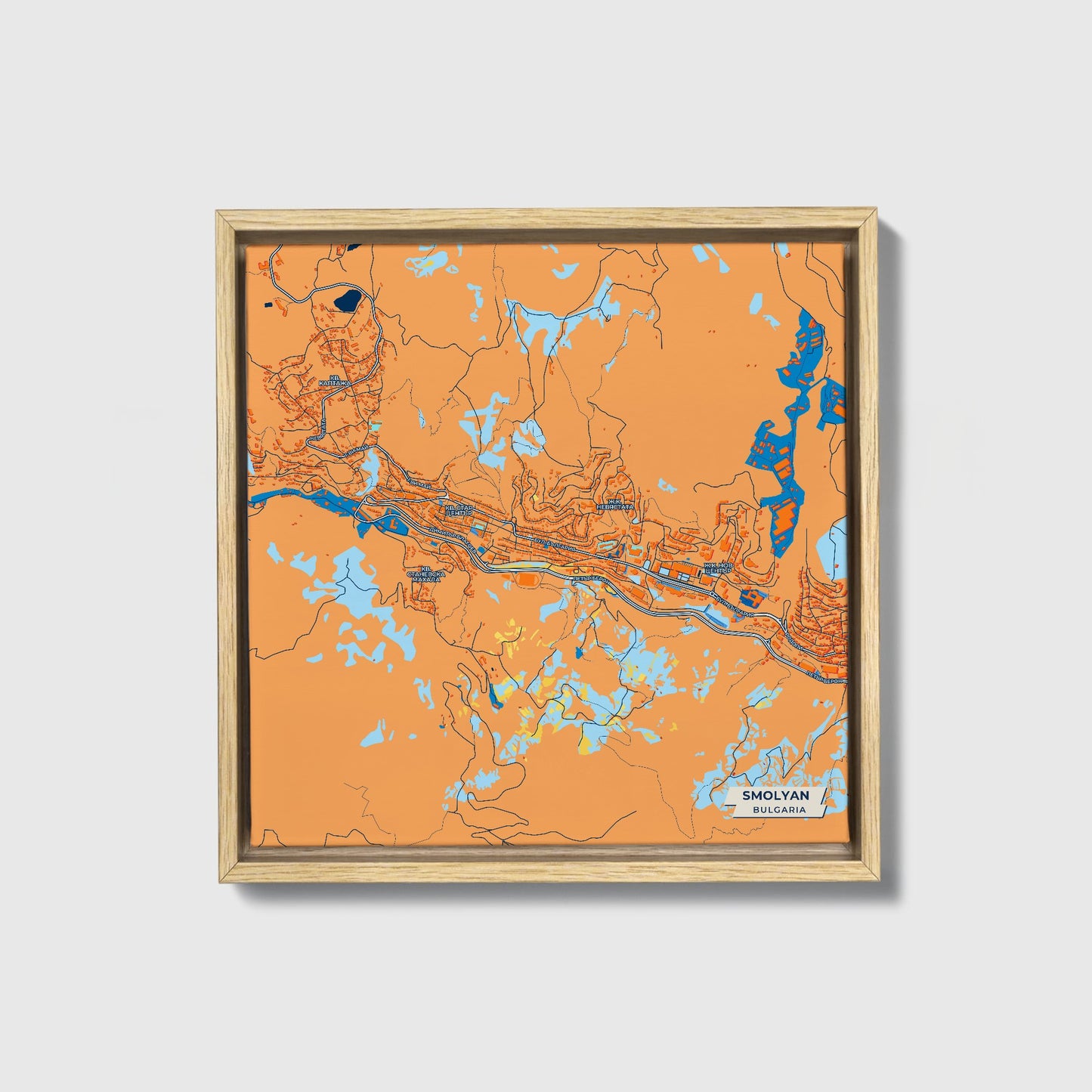 Смолян Bulgaria Colorful City Map Canvas Print • Natural Wooden Framed
