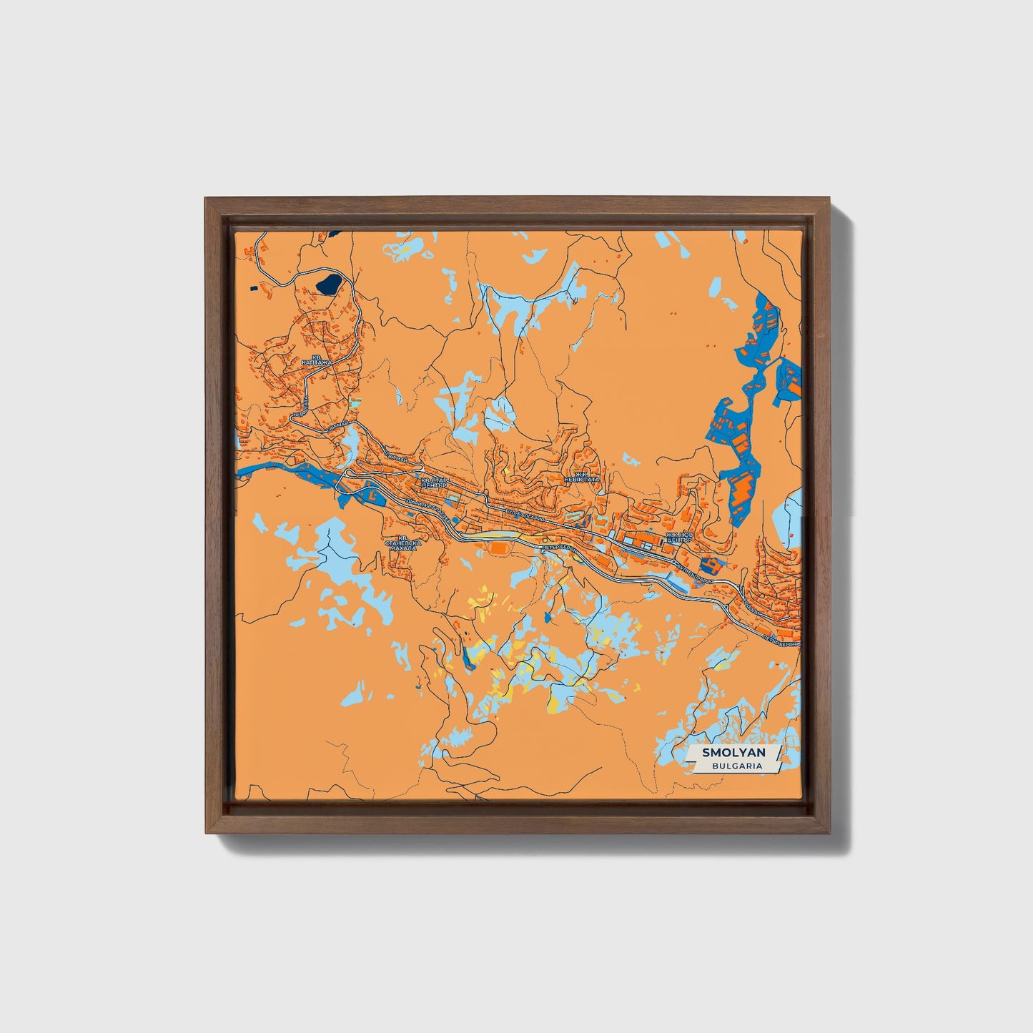 Смолян Bulgaria Colorful City Map Canvas Print • Dark Wooden Framed