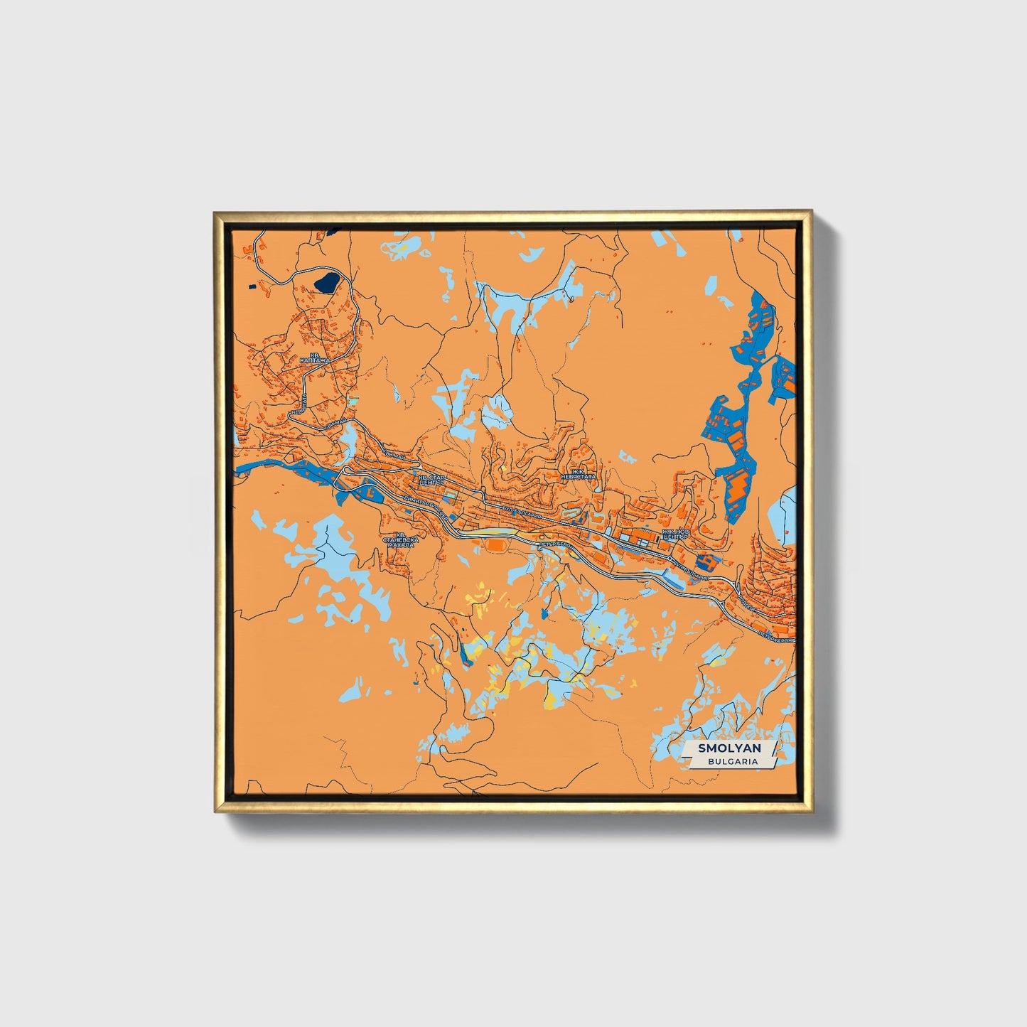 Смолян Bulgaria Colorful City Map Canvas Print • Gold Framed