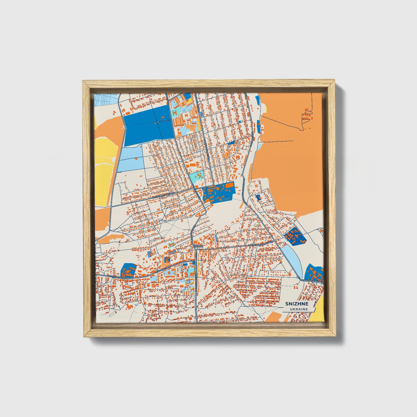 Сніжне Ukraine Colorful City Map Canvas Print • Natural Wooden Framed