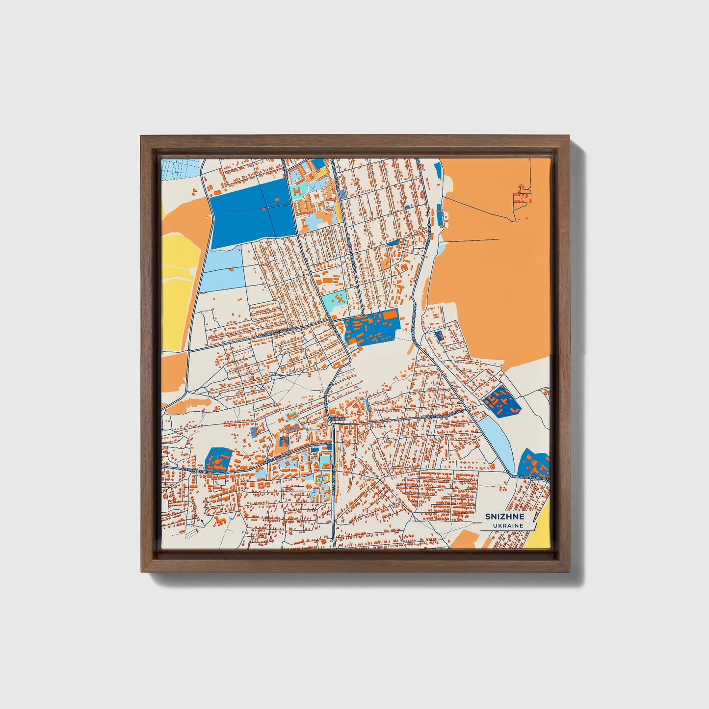 Сніжне Ukraine Colorful City Map Canvas Print • Dark Wooden Framed
