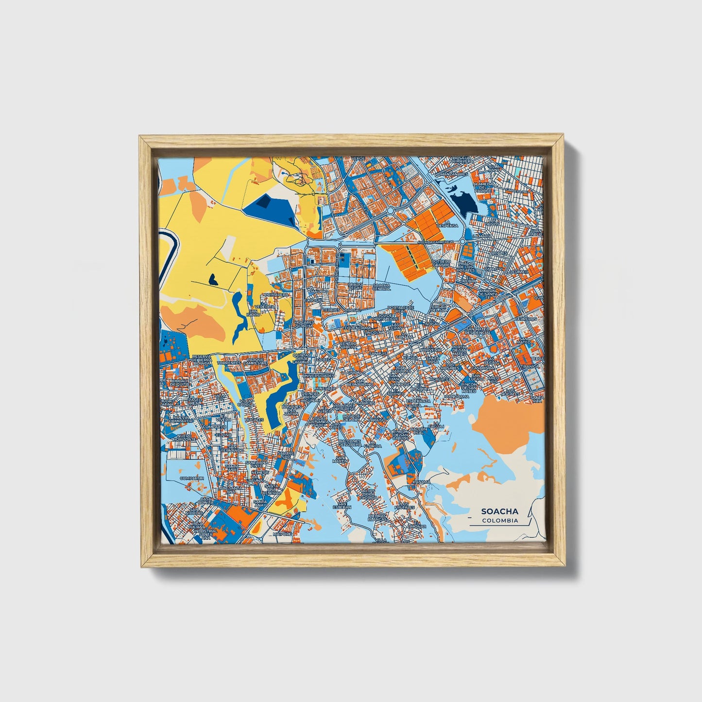 Soacha Colombia Colorful City Map Canvas Print • Natural Wooden Framed