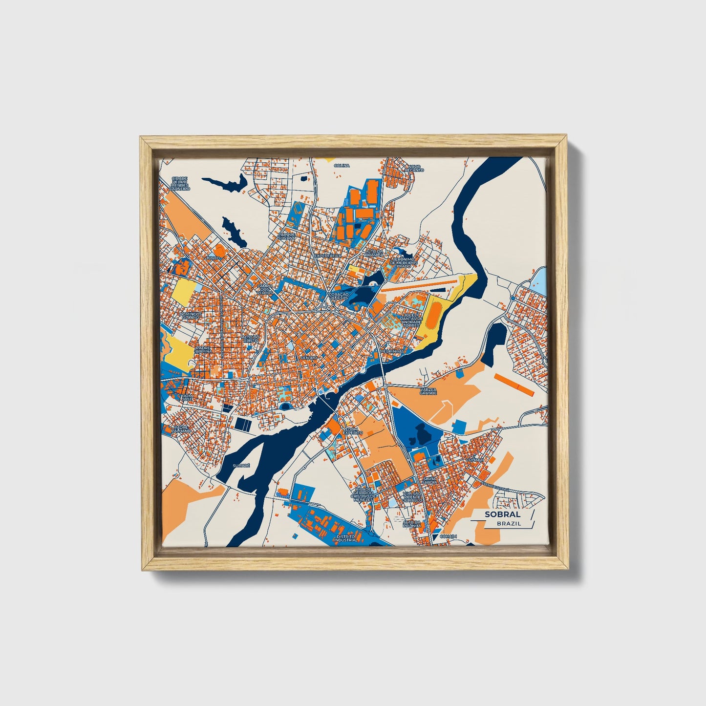 Sobral Brazil Colorful City Map Canvas Print • Natural Wooden Framed