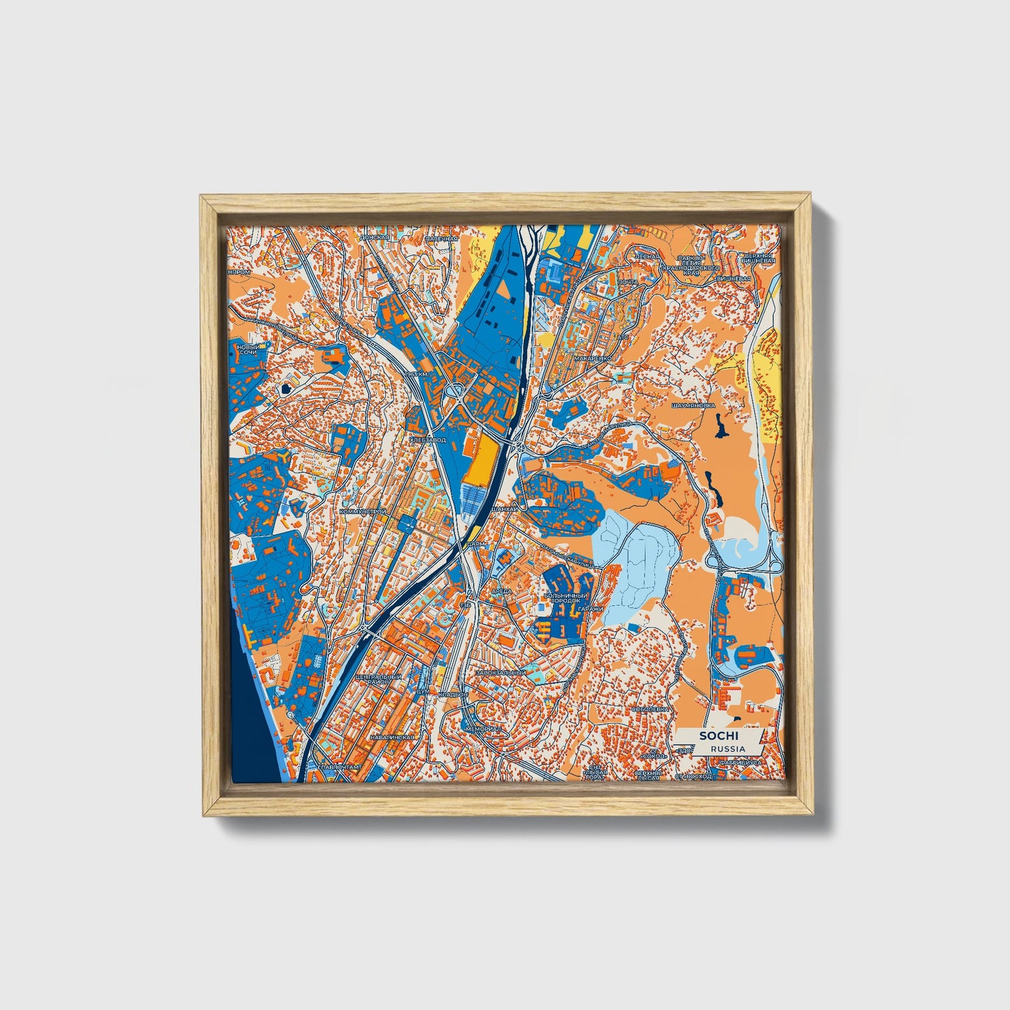 Сочи Russia Colorful City Map Canvas Print • Natural Wooden Framed