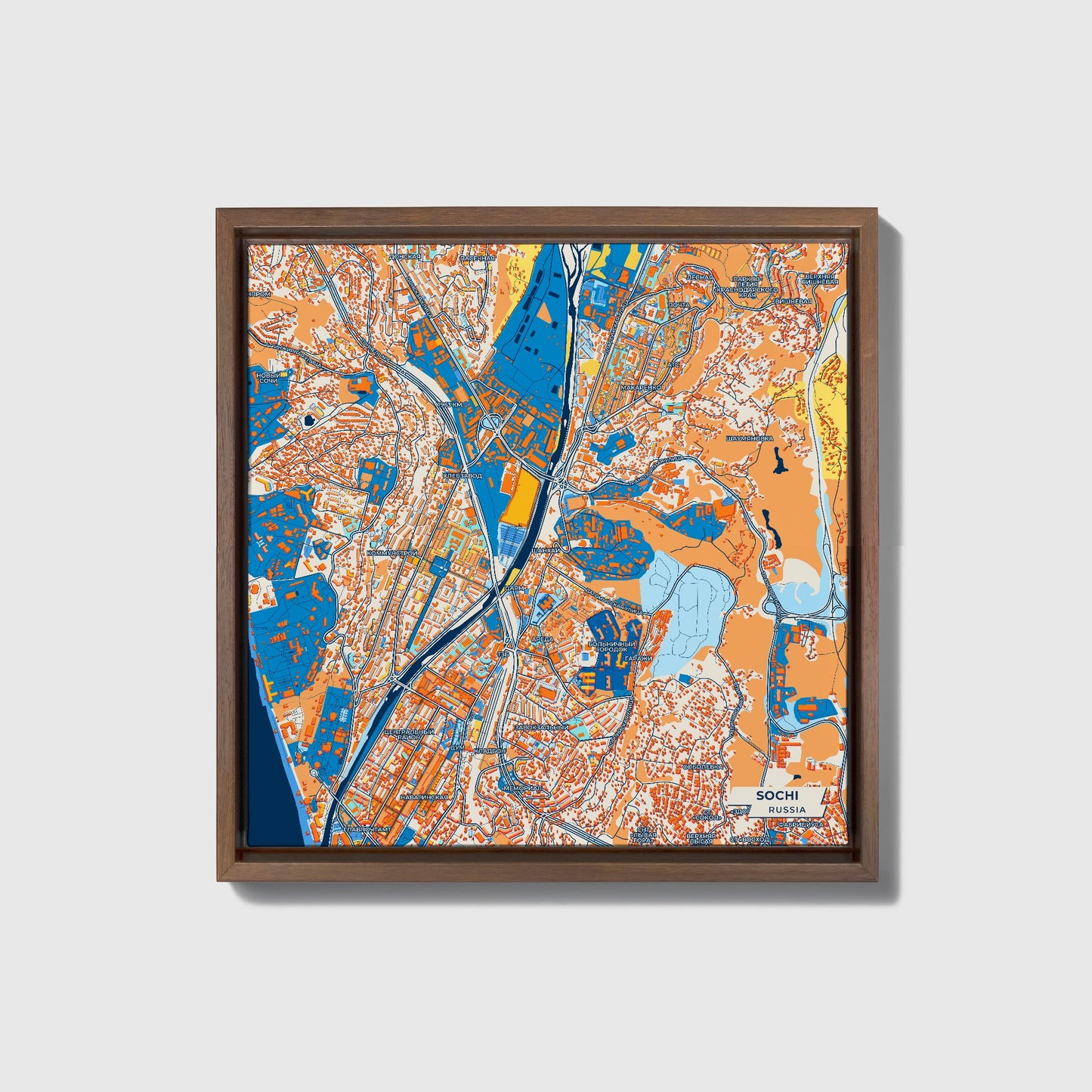 Сочи Russia Colorful City Map Canvas Print • Dark Wooden Framed