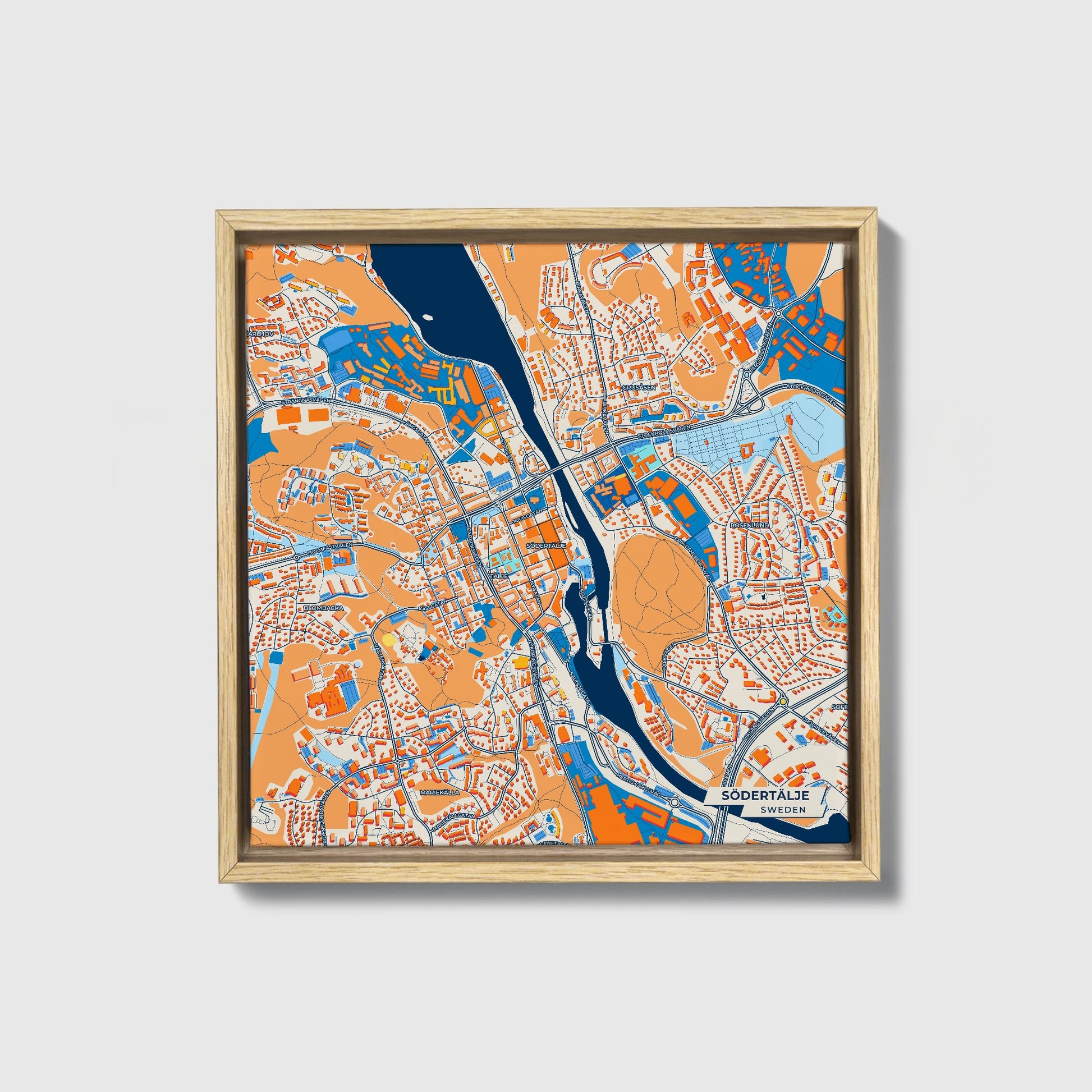 Södertälje Sweden Colorful City Map Canvas Print • Natural Wooden Framed