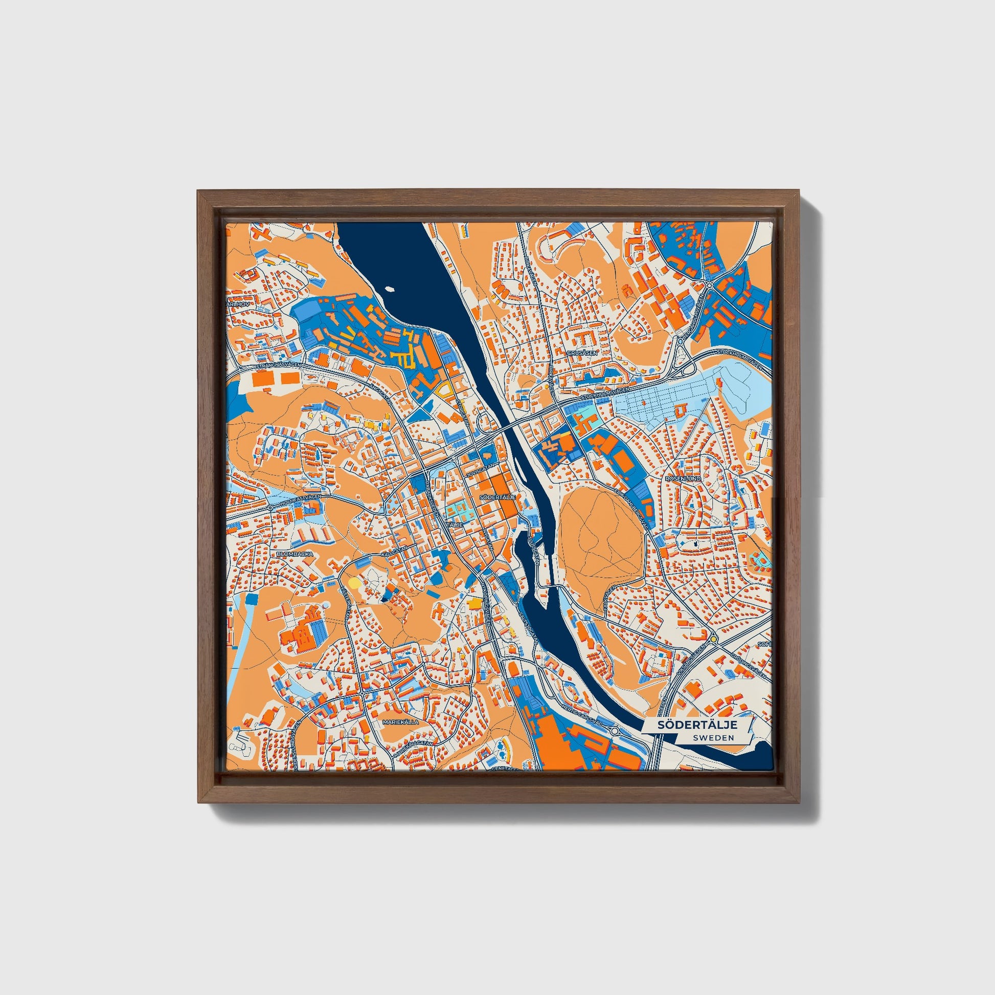 Södertälje Sweden Colorful City Map Canvas Print • Dark Wooden Framed