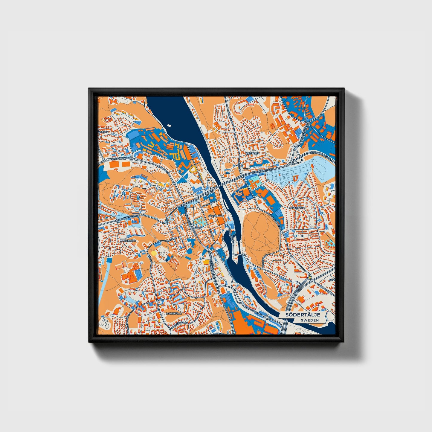 Södertälje Sweden Colorful City Map Canvas Print • Black Framed