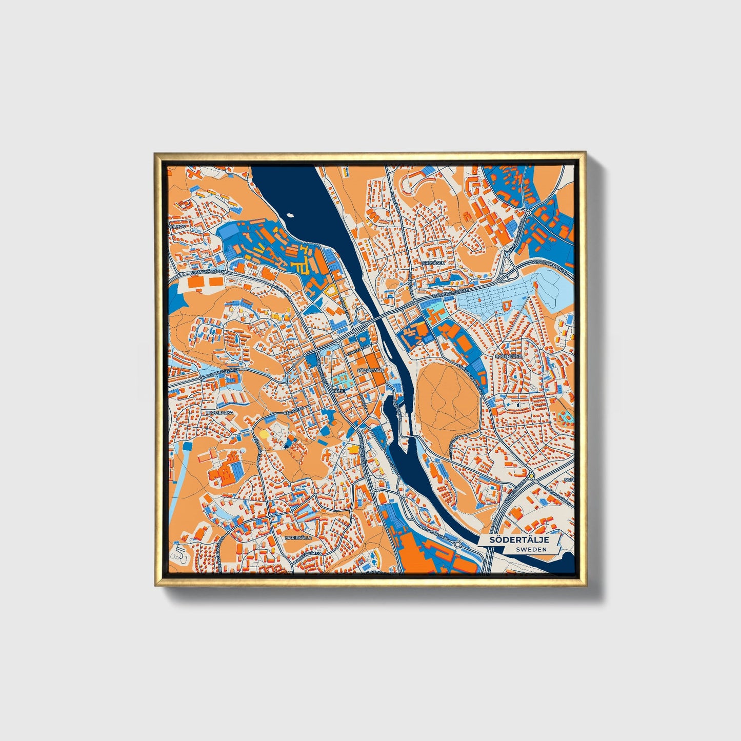 Södertälje Sweden Colorful City Map Canvas Print • Gold Framed