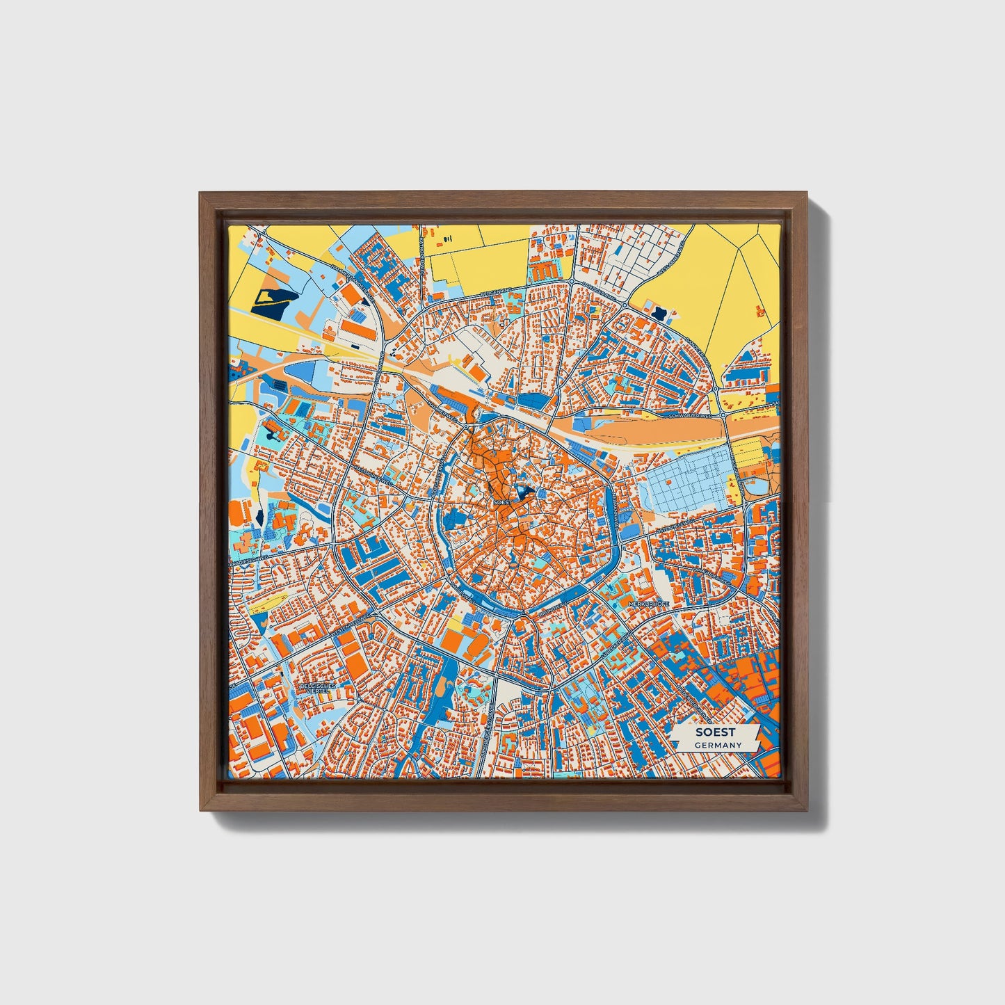 Soest Germany Colorful City Map Canvas Print • Dark Wooden Framed