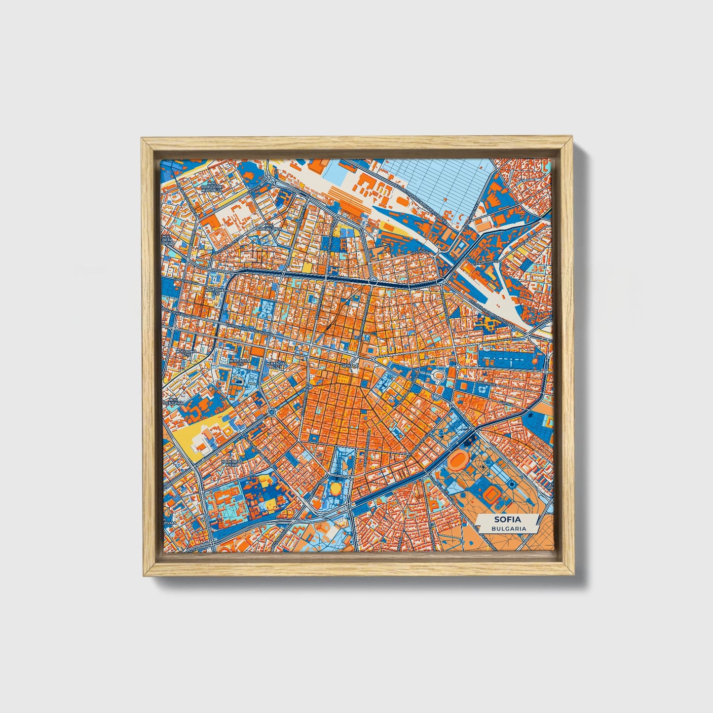София Bulgaria Colorful City Map Canvas Print • Natural Wooden Framed