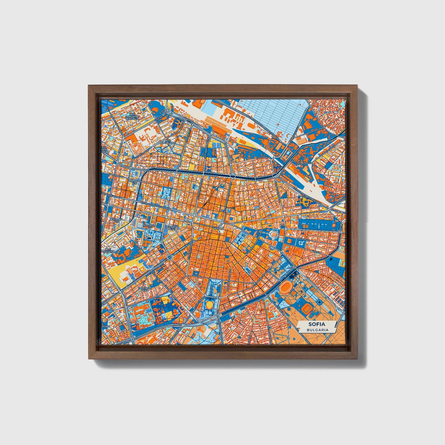 София Bulgaria Colorful City Map Canvas Print • Dark Wooden Framed