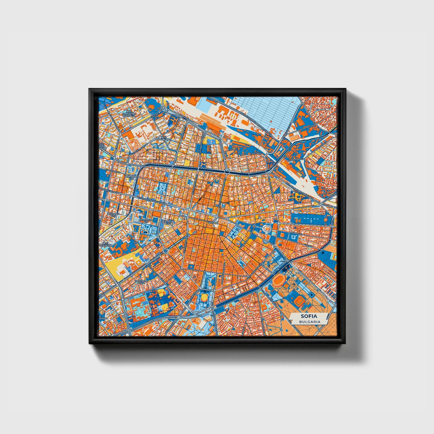 София Bulgaria Colorful City Map Canvas Print • Black Framed