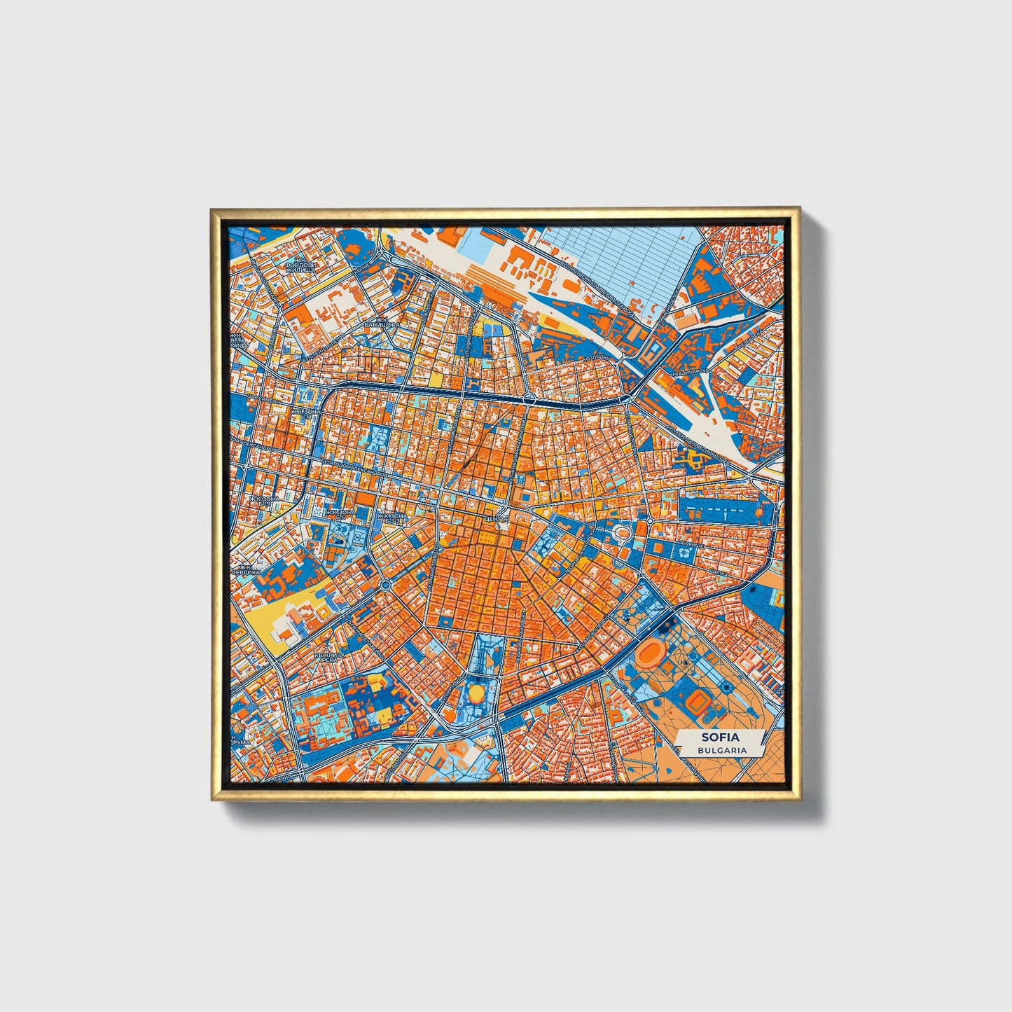 София Bulgaria Colorful City Map Canvas Print • Gold Framed