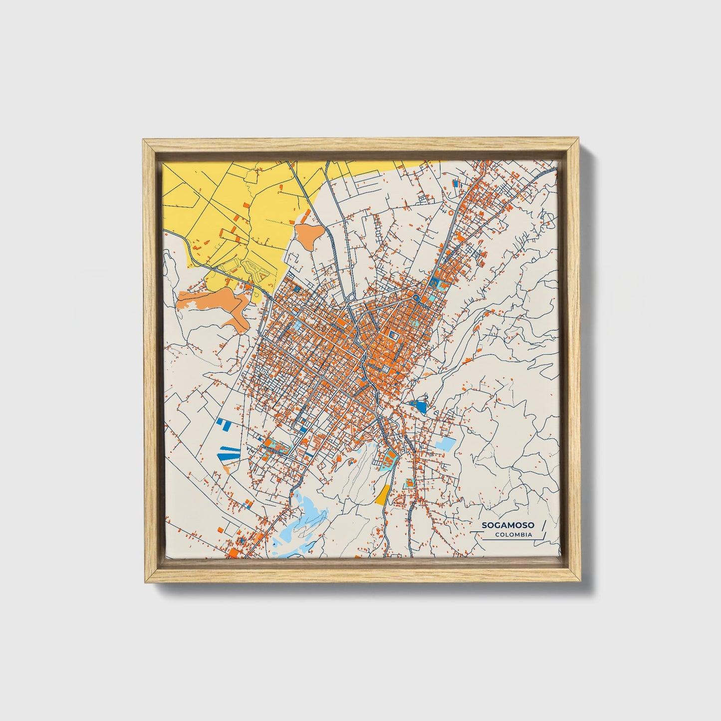 Sogamoso Colombia Colorful City Map Canvas Print • Natural Wooden Framed