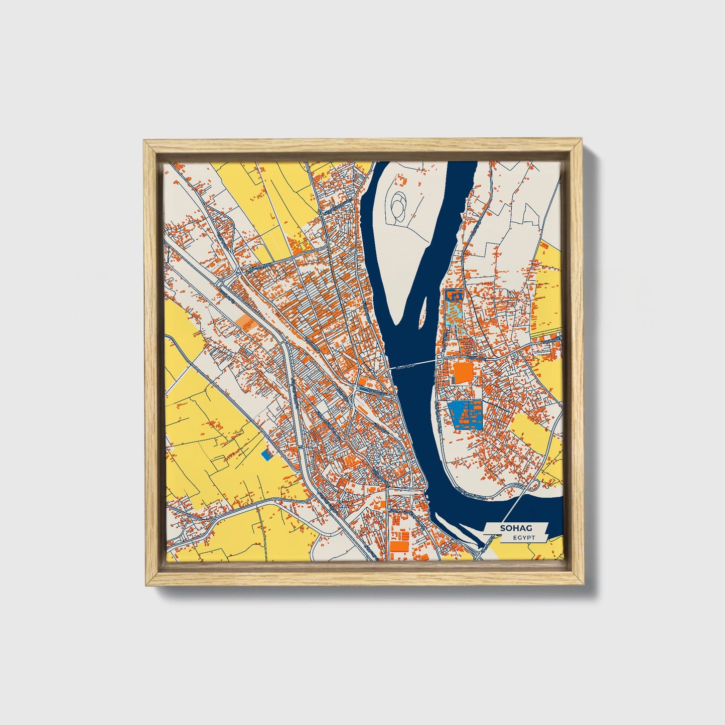 Sohag Egypt Colorful City Map Canvas Print • Natural Wooden Framed