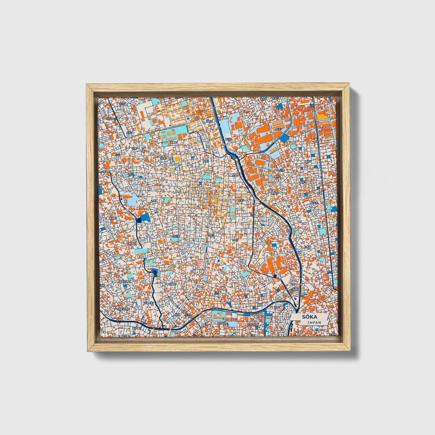 Sōka Japan Colorful City Map Canvas Print • Natural Wooden Framed
