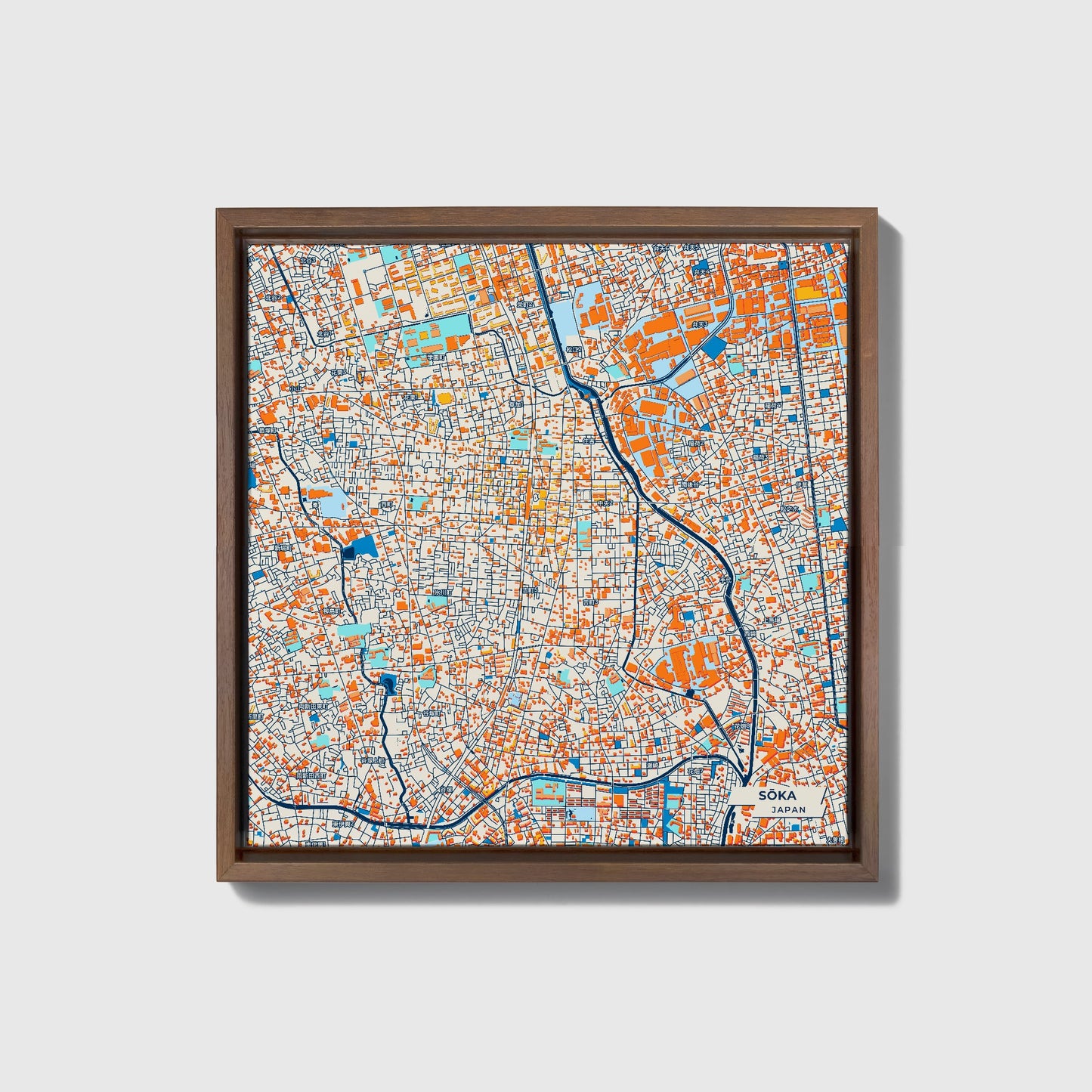 Sōka Japan Colorful City Map Canvas Print • Dark Wooden Framed
